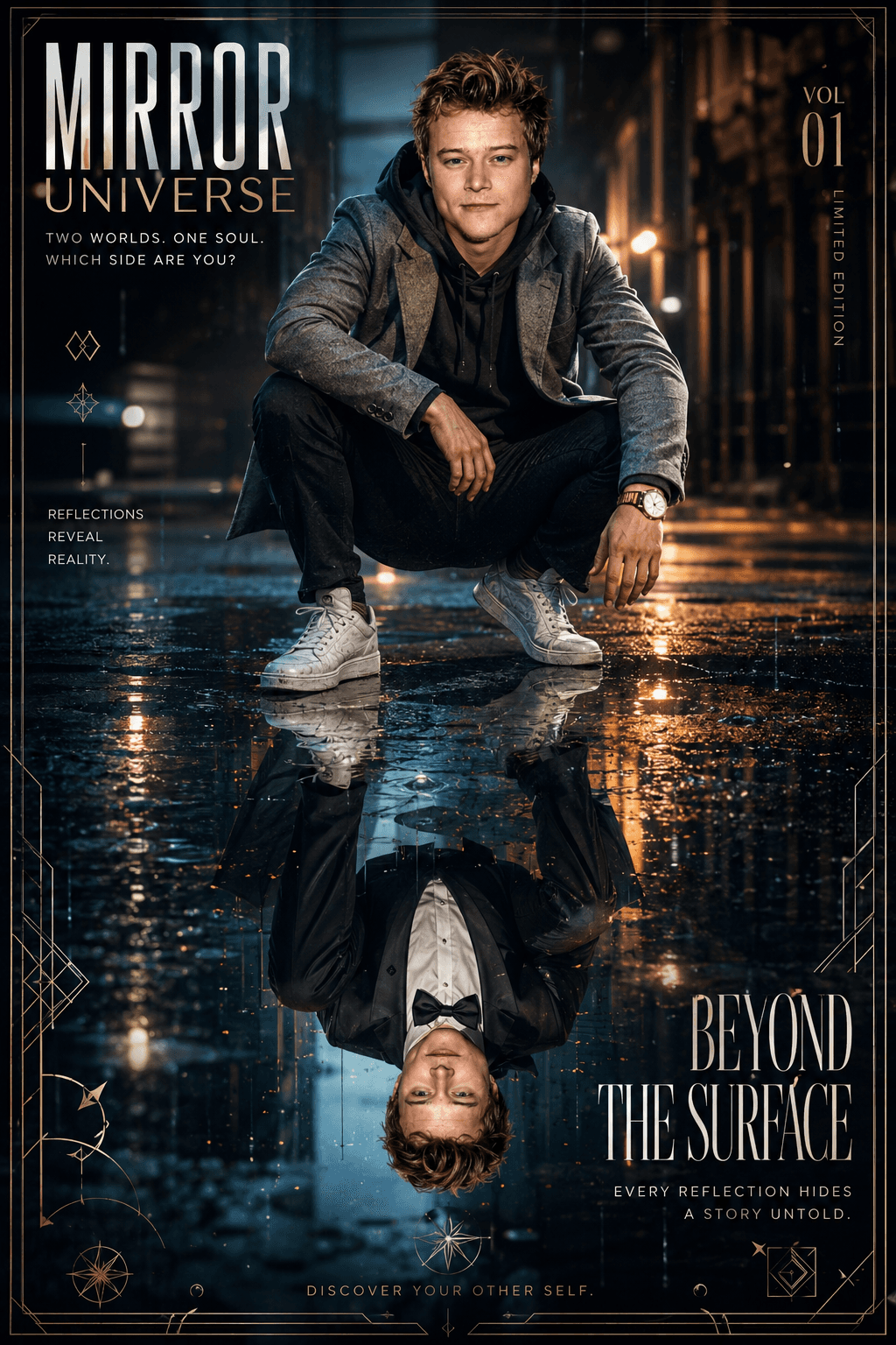 Mirror Universe Cinematic Poster AI Prompt | 8K Luxury Editorial Reflection Effect | Fashion Photography | Midjourney, ChatGPT & AI Image Generator