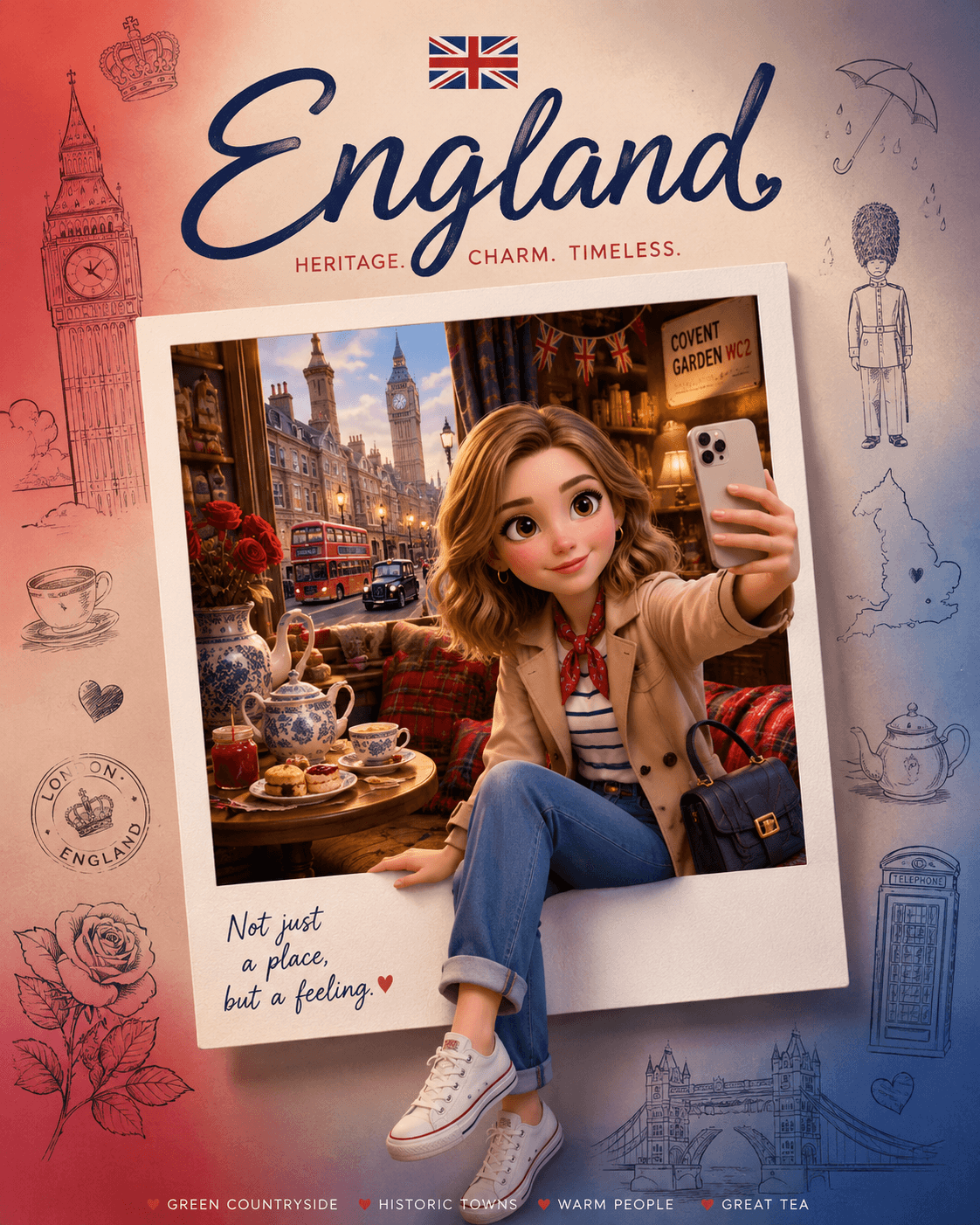 England Travel Poster Prompt | Cute 3D Pixar-Style Collectible Country Travel Poster Generator for Midjourney, ChatGPT & AI Art