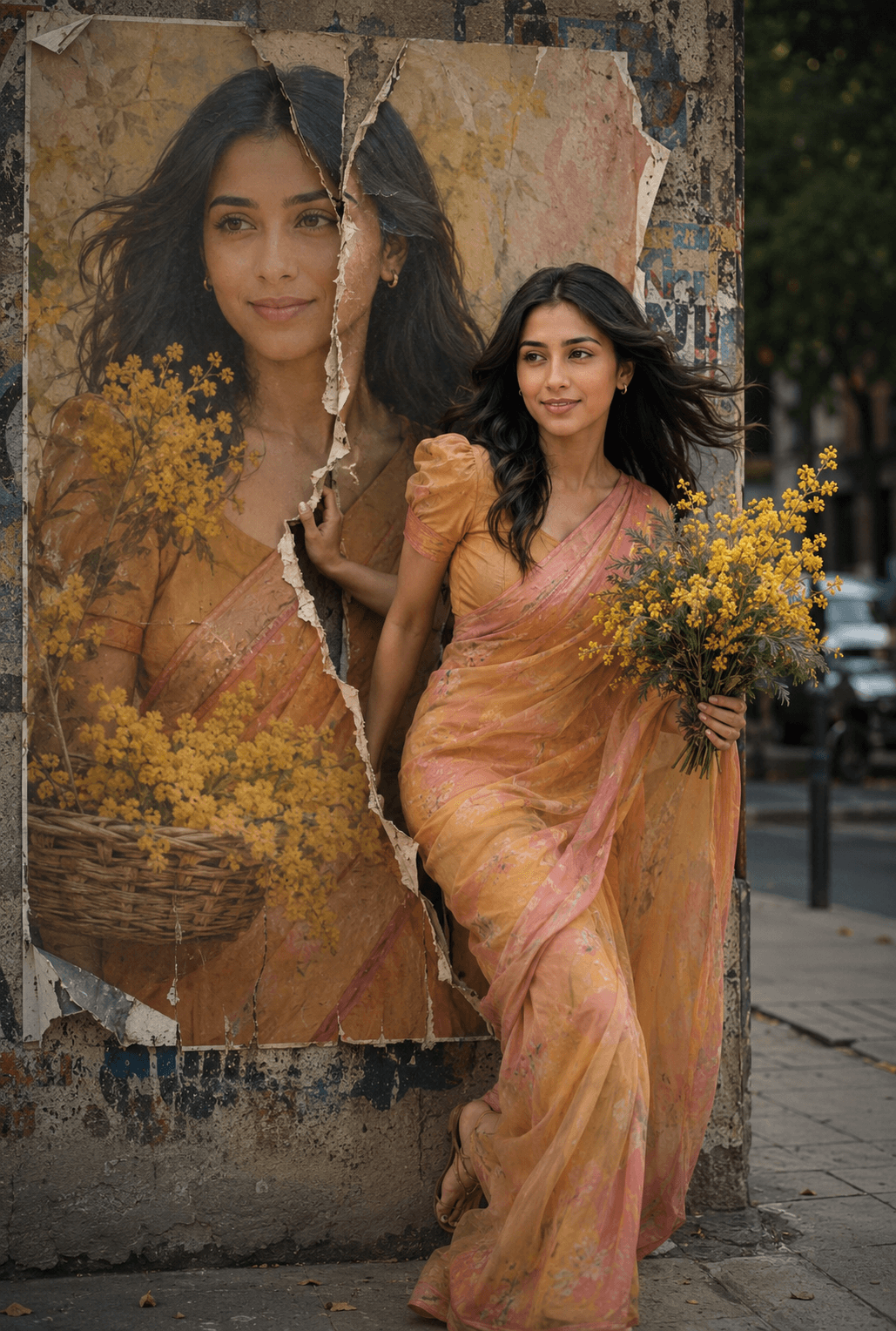 Surreal Torn Poster Street Scene Prompt | Cinematic AI Portrait in Sari with Mimosa Flowers