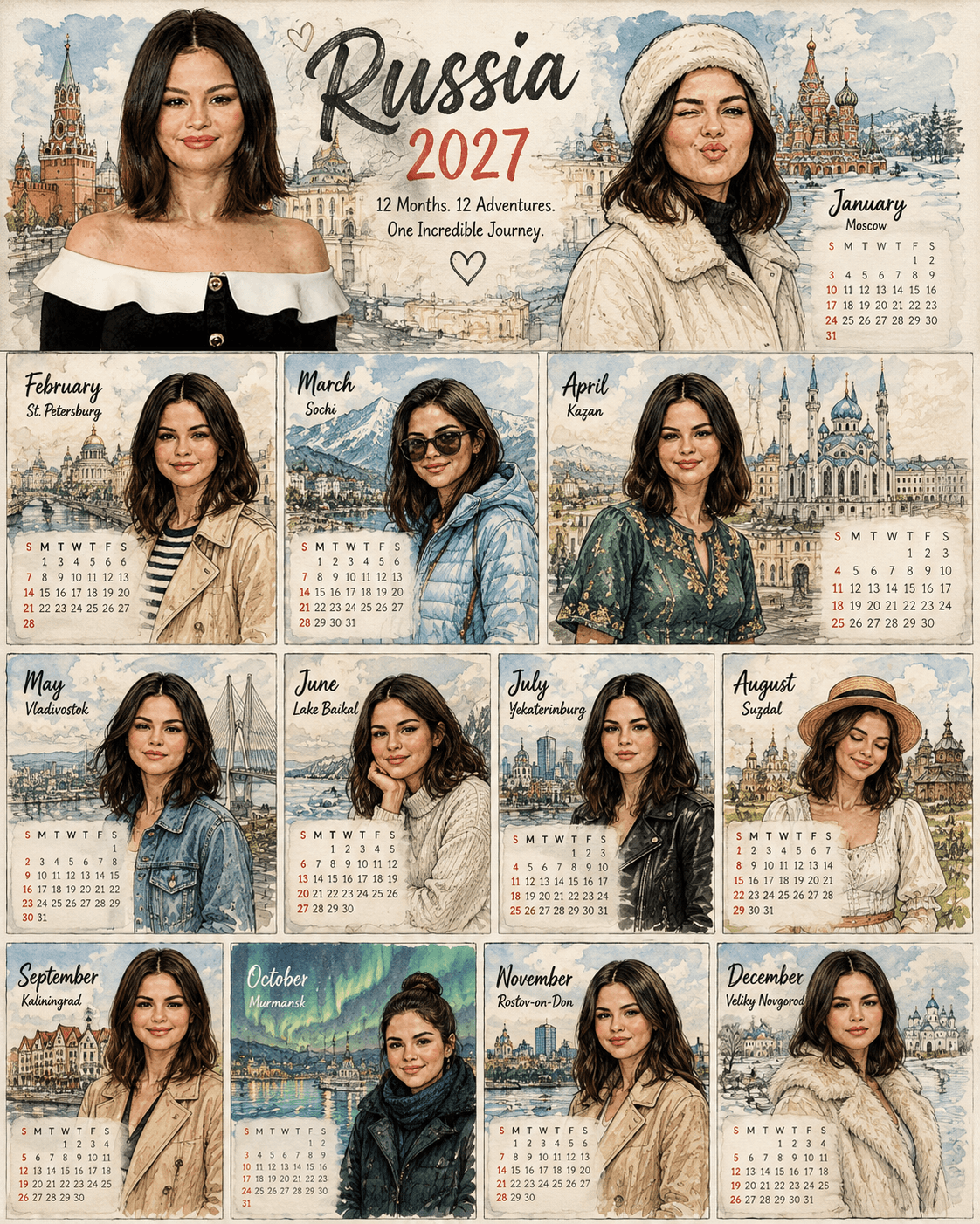 2027 Watercolor Travel Calendar AI Prompt | 12 Russia Tourist Locations | Consistent Character Reference for ChatGPT & DALL·E — AI prompt result