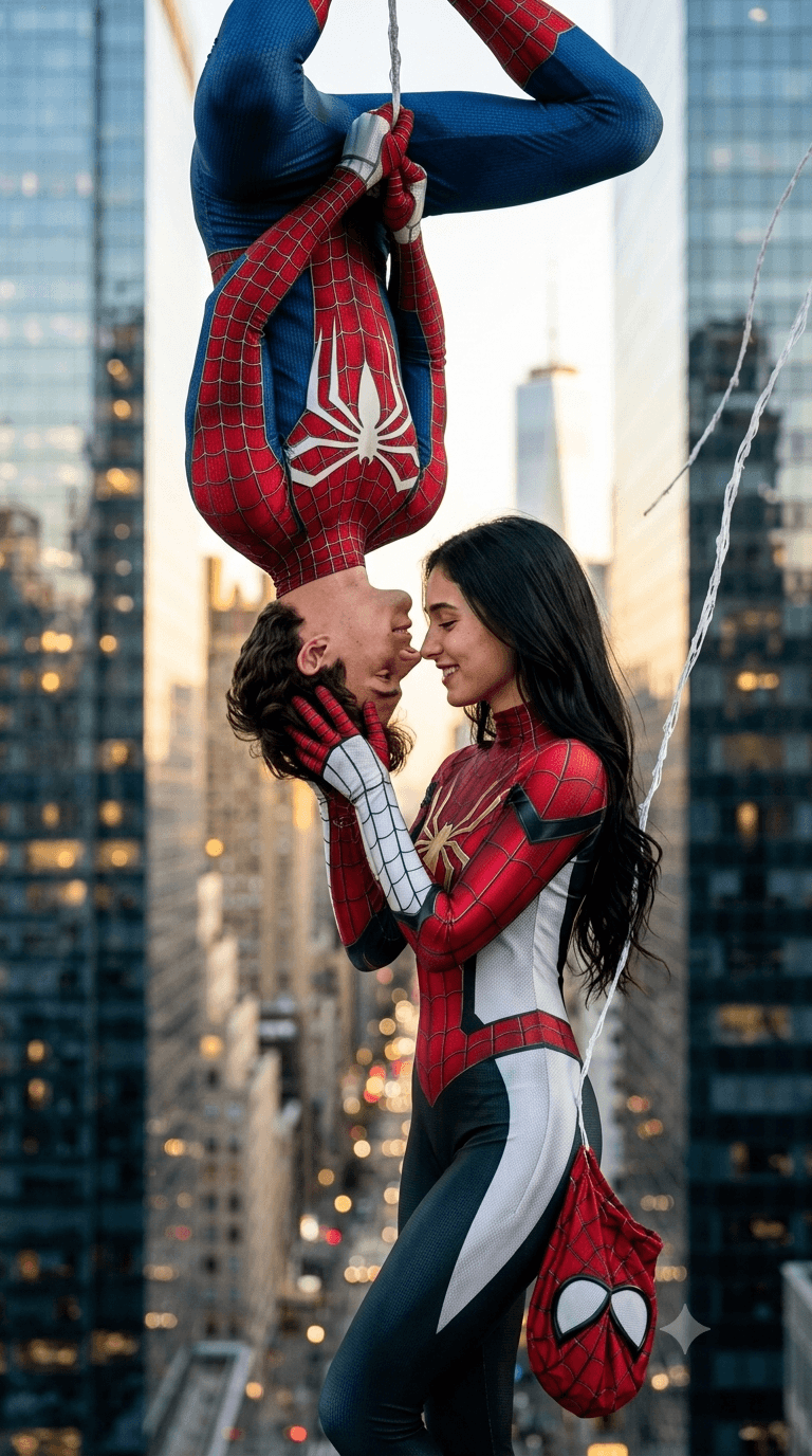 Cinematic Spider-Man Couple AI Prompt | Photorealistic Superhero Portrait — AI prompt result