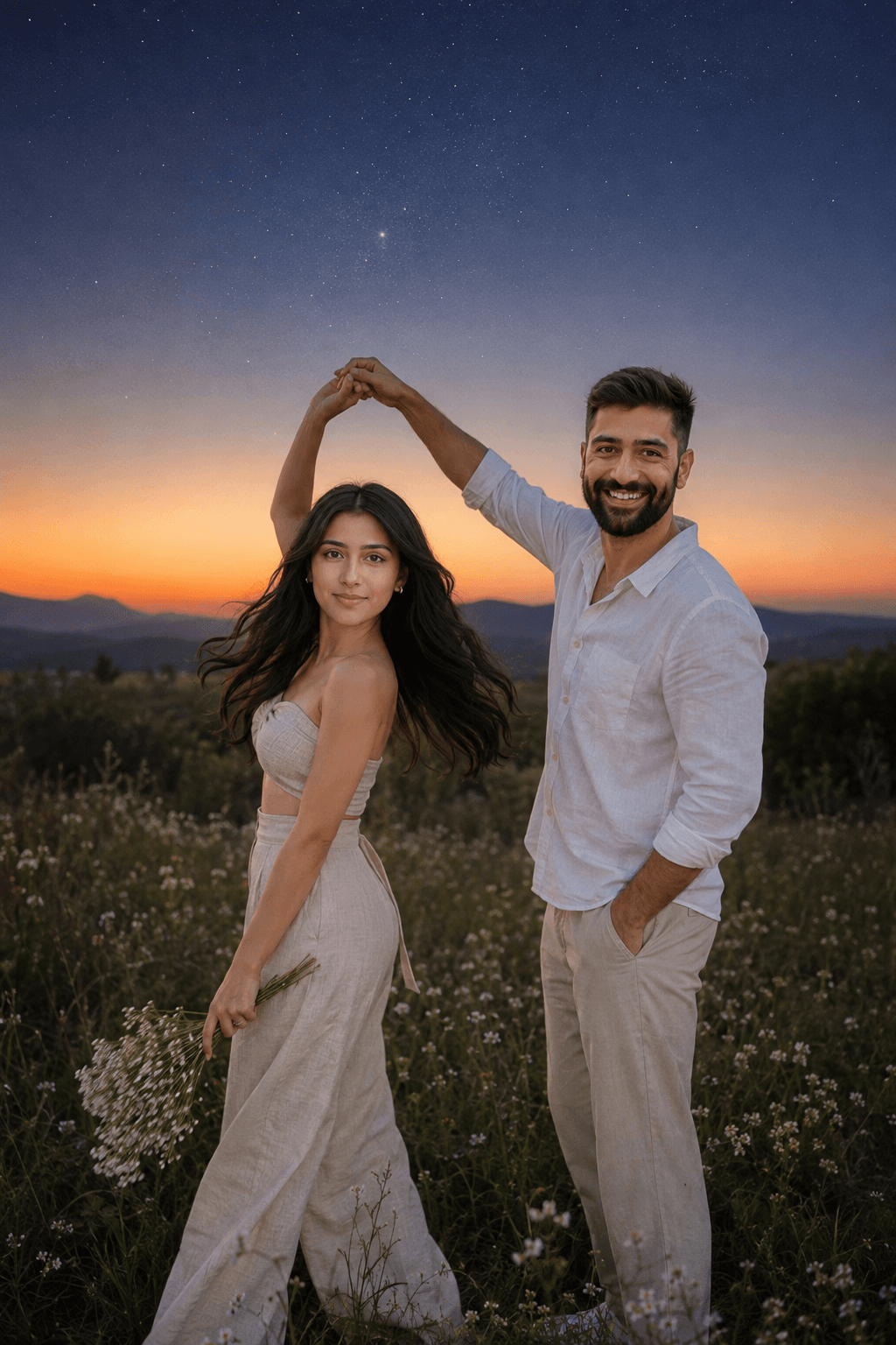 Romantic Couple Dancing in a Wildflower Field at Blue Hour | Ultra-Realistic AI Photo Prompt — AI prompt result