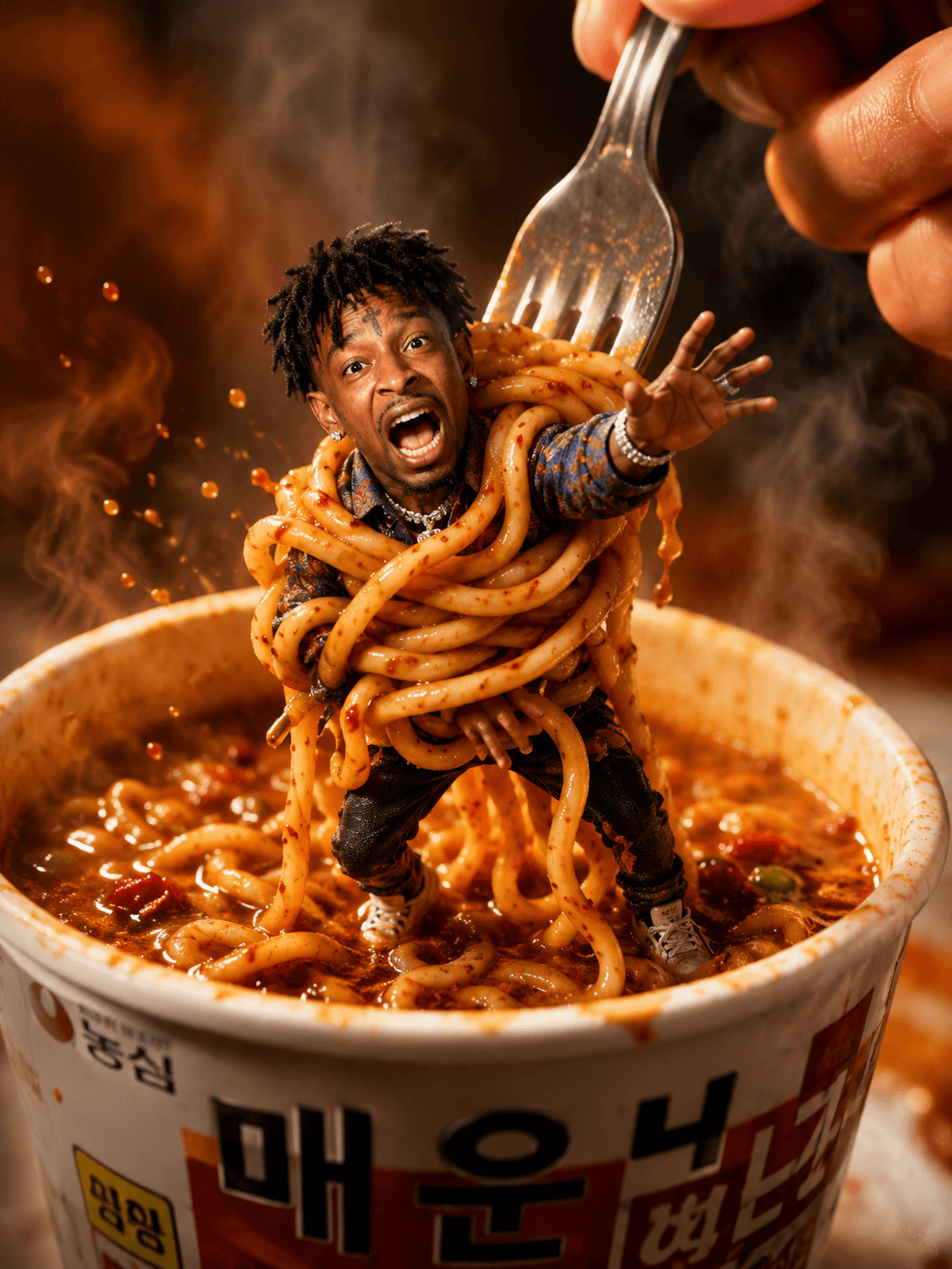 Hyper-Realistic Miniature Man Trapped in Spicy Instant Noodles | Funny AI Art — AI prompt result