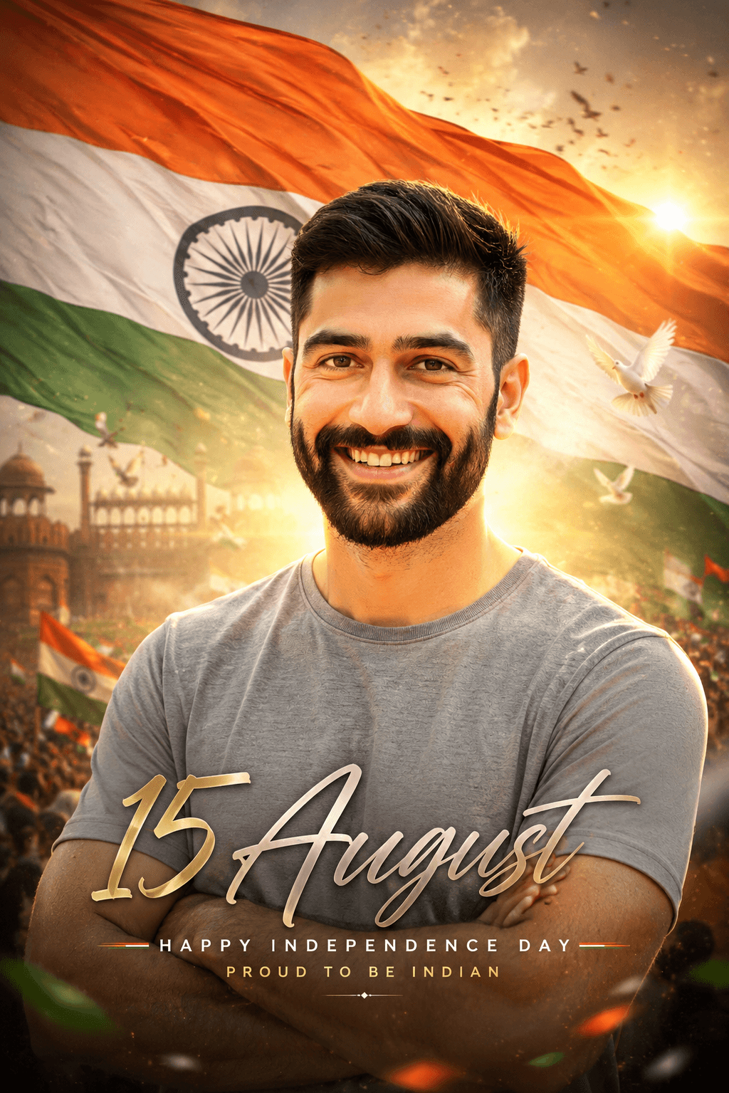 Independence Day AI Poster Prompt | Ultra Realistic 8K Patriotic Portrait with Indian Flag & Red Fort — AI prompt result