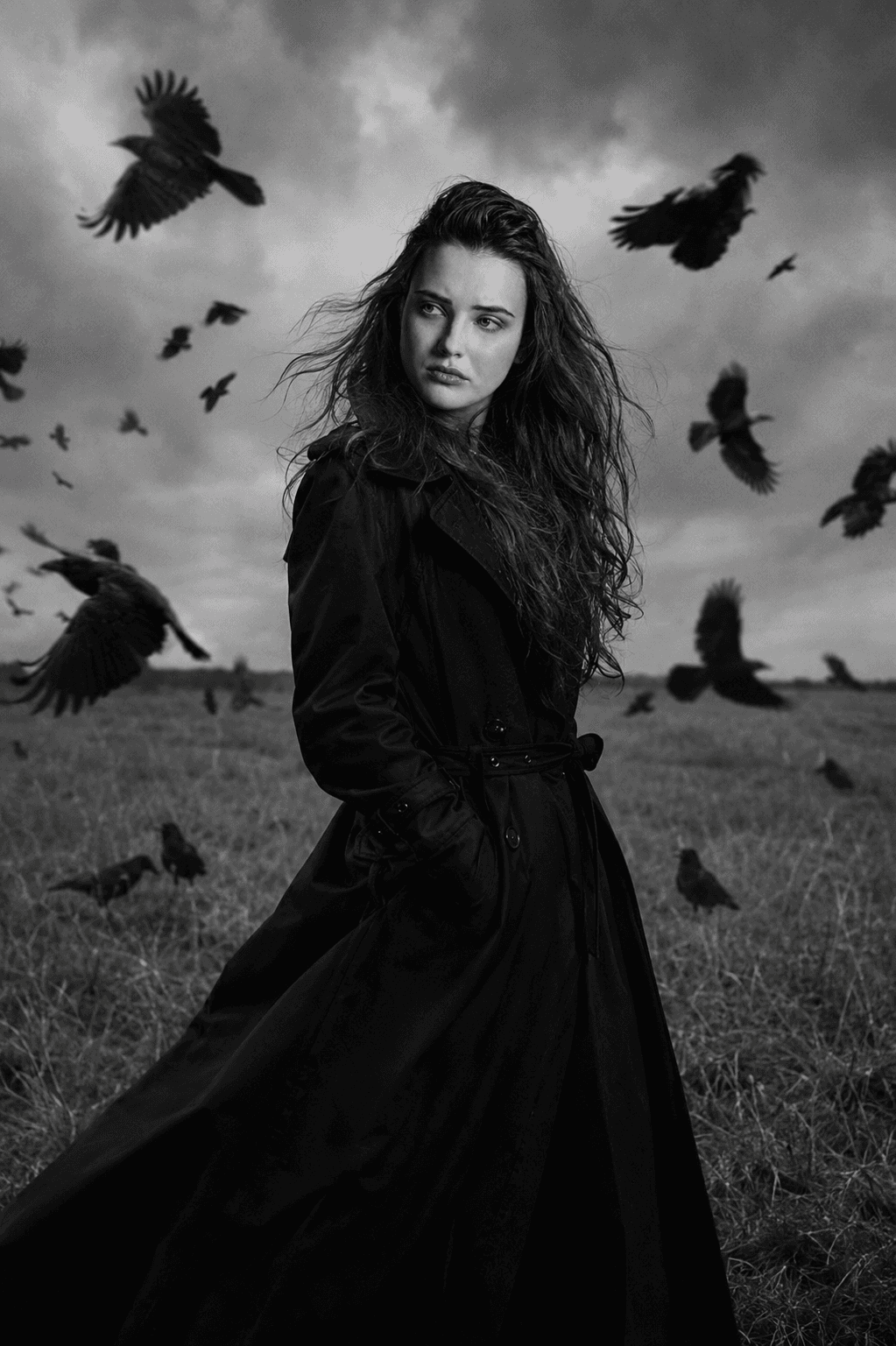 Dark Gothic Crow Portrait AI Image Prompt – Cinematic Black & White Photography — AI prompt result
