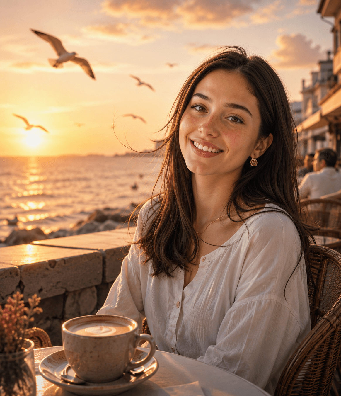 Cinematic Seaside Café Portrait at Golden Hour | Luxury Editorial AI Photo Edit — AI prompt result