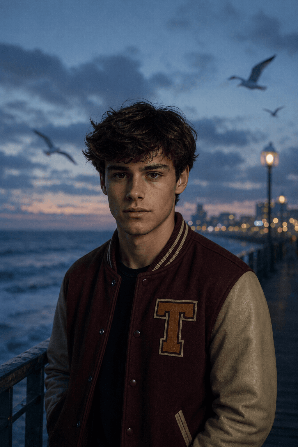 Cinematic Blue Hour Ocean Portrait Prompt | Realistic Coastal Boardwalk AI Photo Edit — AI prompt result