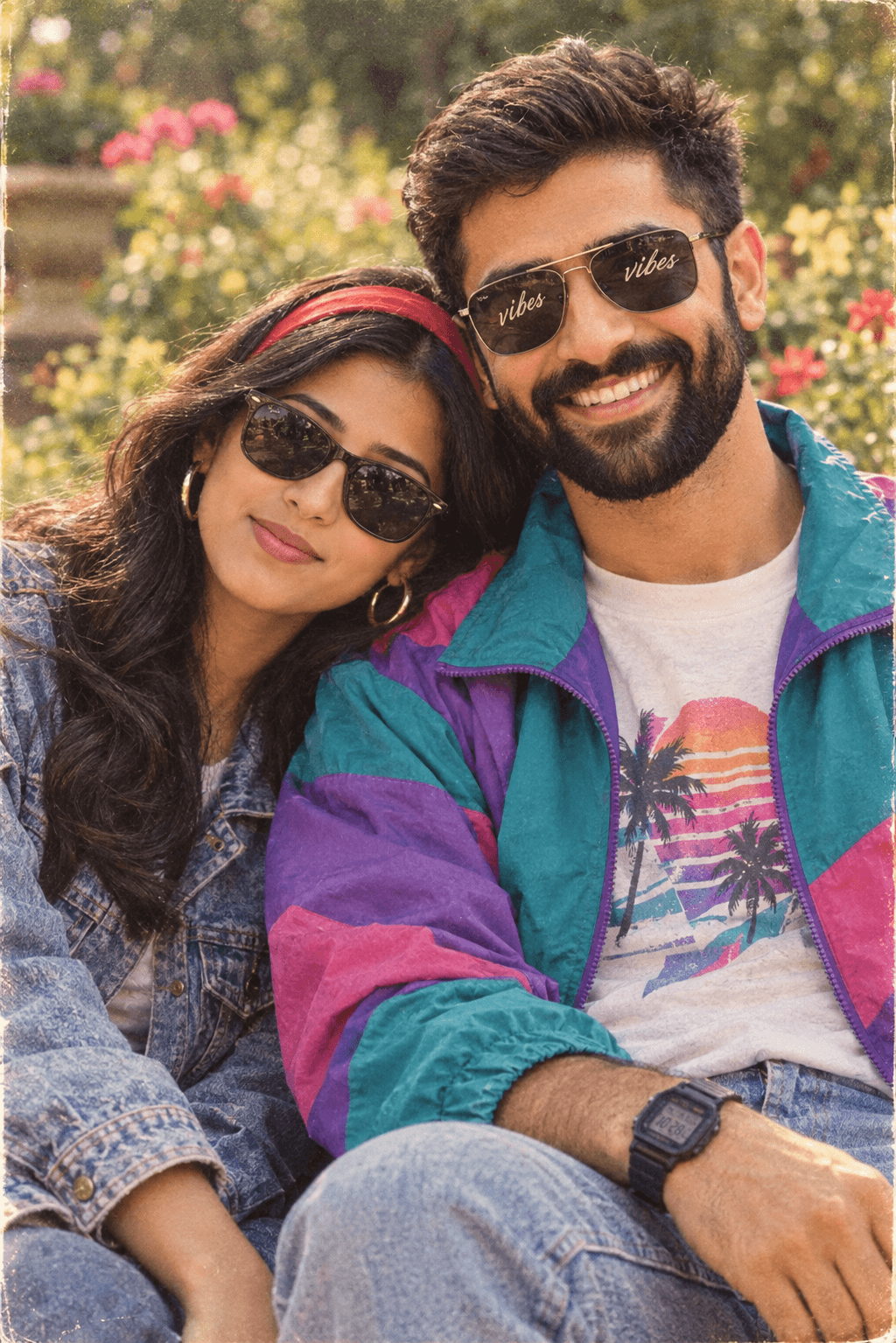 80s Retro Indian Couple AI Prompt | Vintage Bus Photo — AI prompt preview 2 of 4