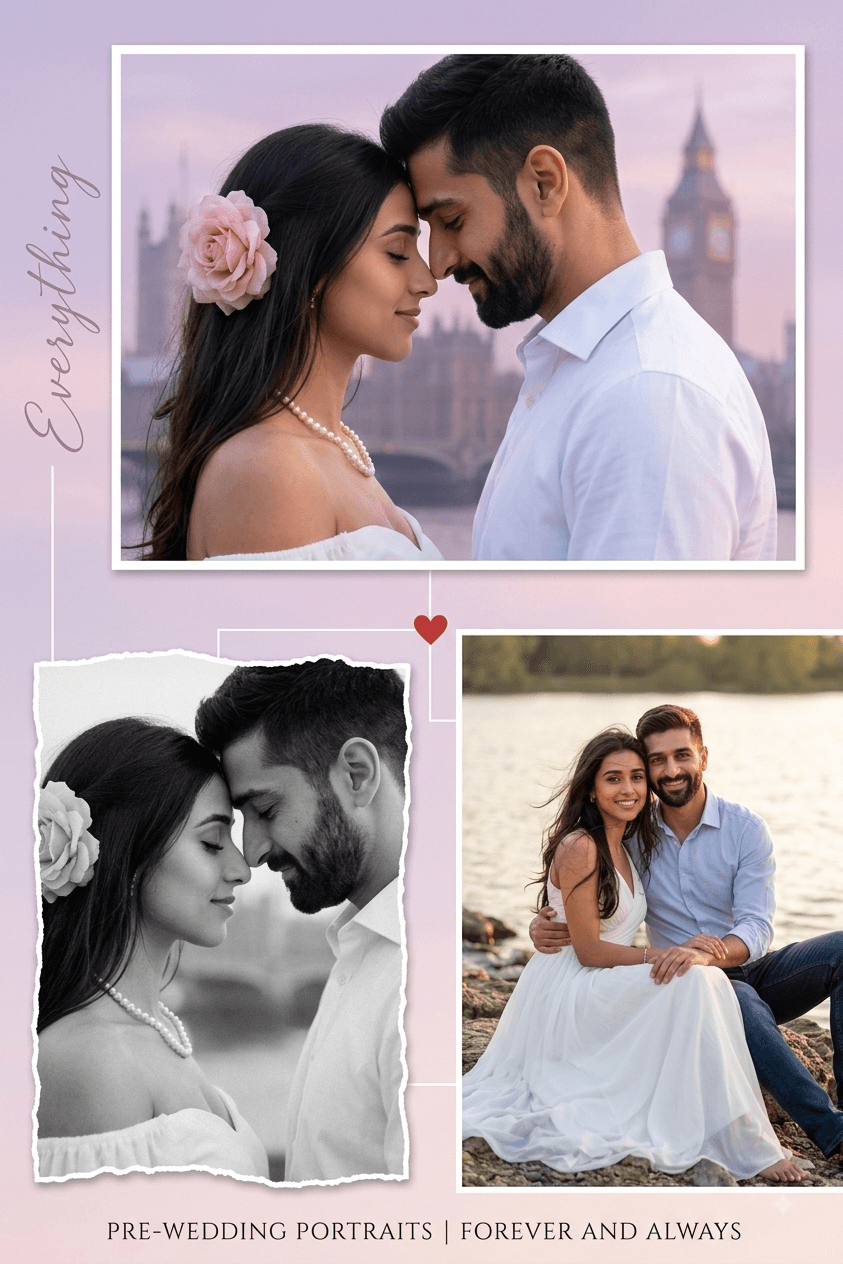 Romantic Pre-Wedding AI Prompt | Cinematic London Couple Collage — AI prompt result