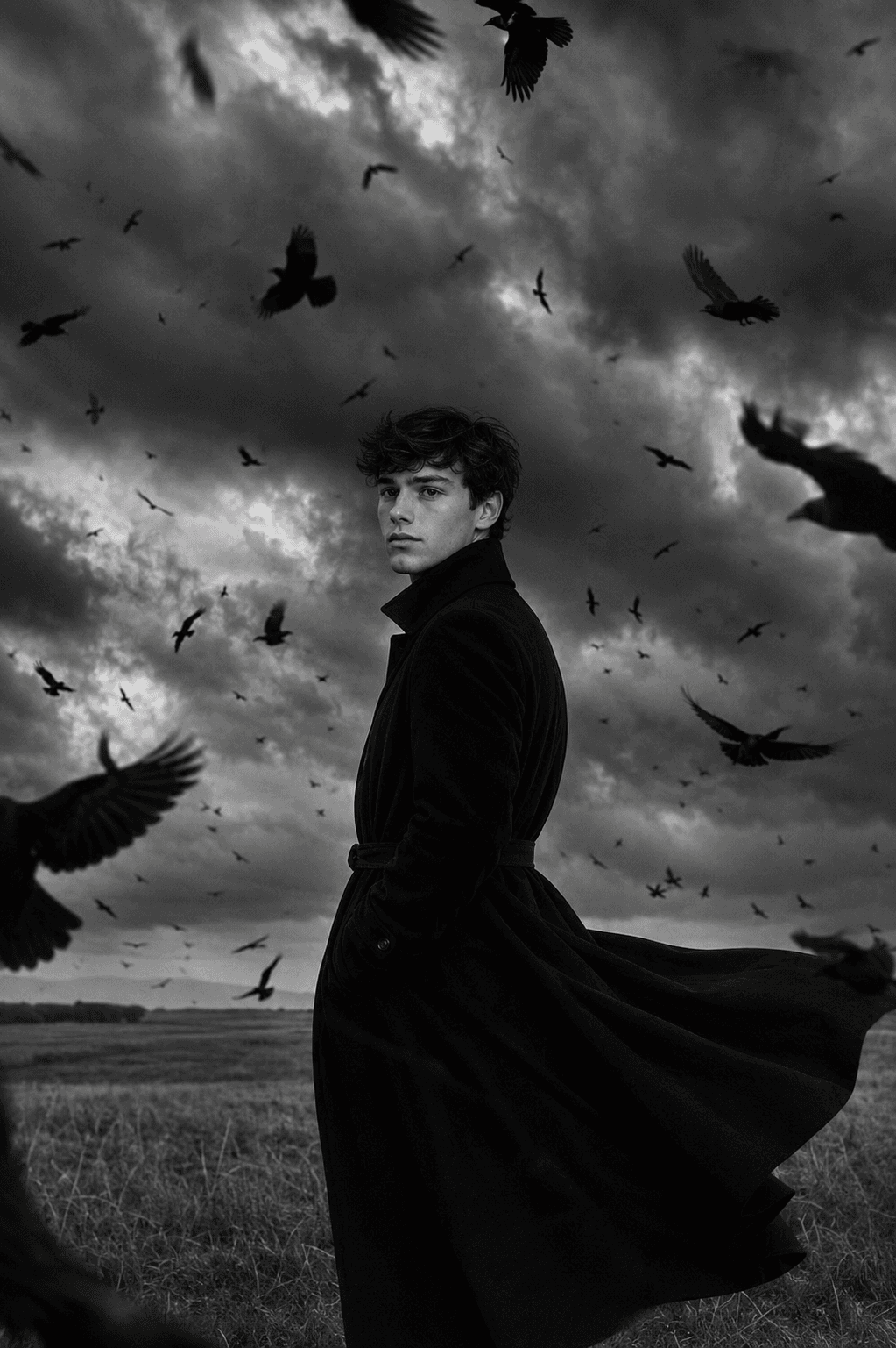 Dark Gothic Crow Portrait AI Image Prompt – Cinematic Black & White Fashion Photography — AI prompt result