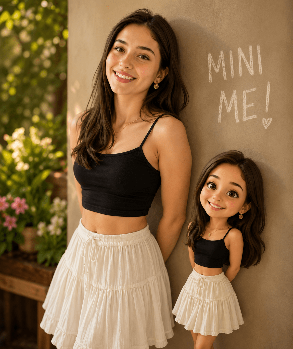 Mini Me AI Photo Prompt – Hyperrealistic Woman & Chibi Twin Garden Portrait — AI prompt result