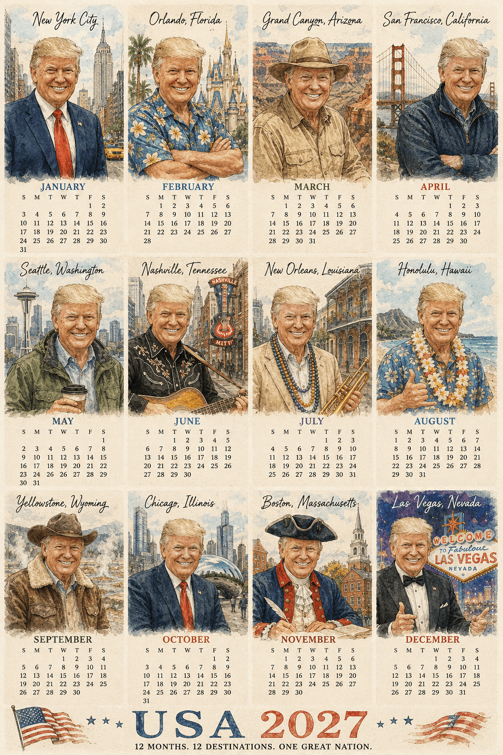 2027 Watercolor Calendar Poster AI Prompt | 12 USA Tourist Destinations | Face Reference Character | Artistic Travel Calendar | AI Image Generator Prompt — AI prompt result