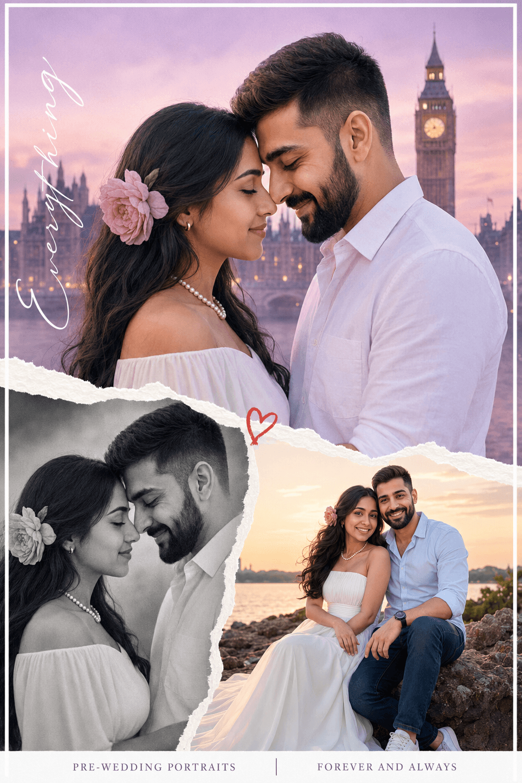 Romantic Pre-Wedding Couple Portrait Prompt | Cinematic London-Themed AI Photo Collage — AI prompt result