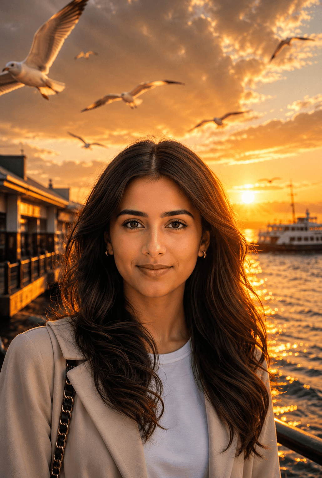 Cinematic Sunset Harbor Portrait AI Prompt | Luxury Travel Editorial Photo Edit — AI prompt result