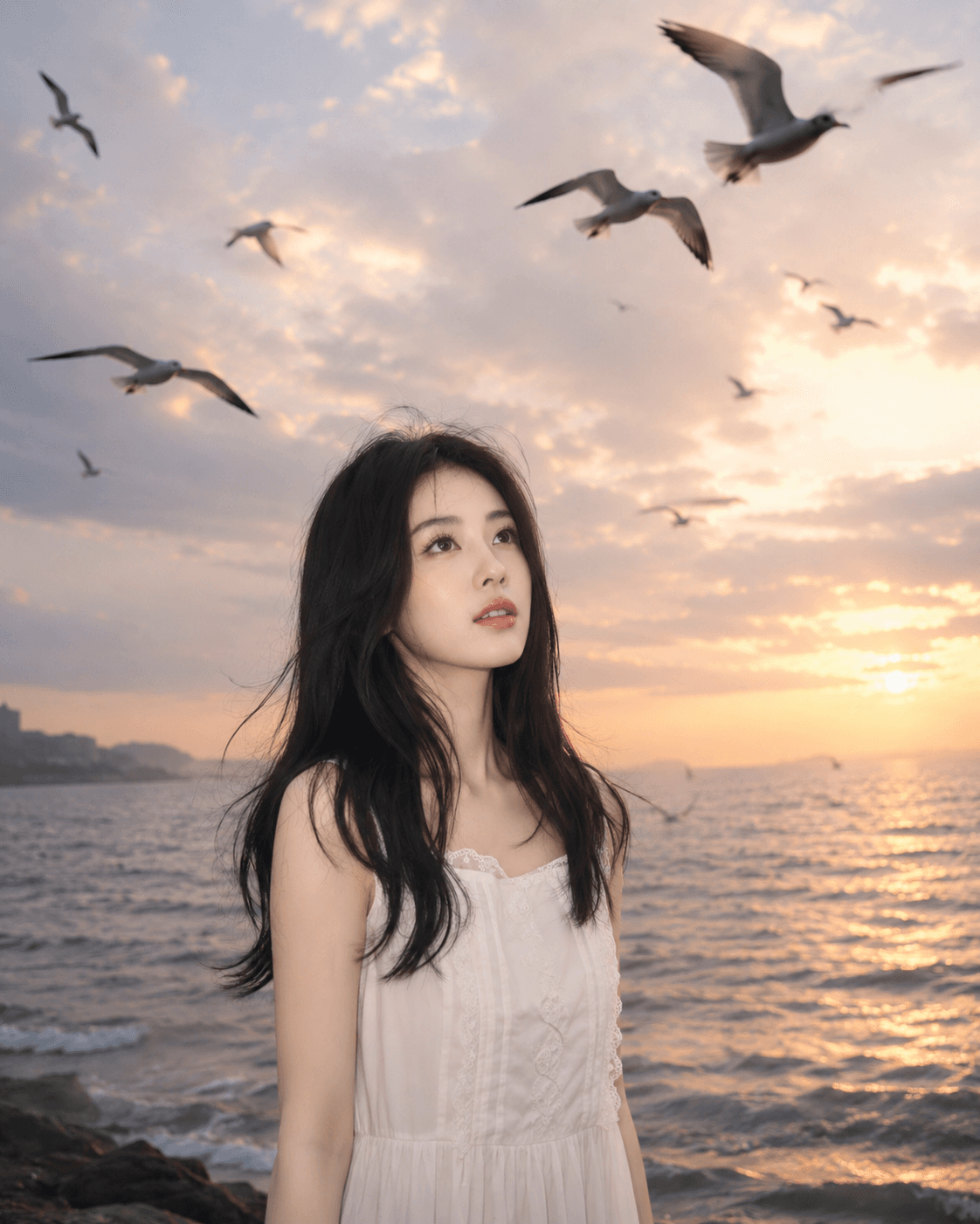 Cinematic Ocean Portrait AI Prompt | Peaceful Sunset Beach Photography with Seagulls — AI prompt result