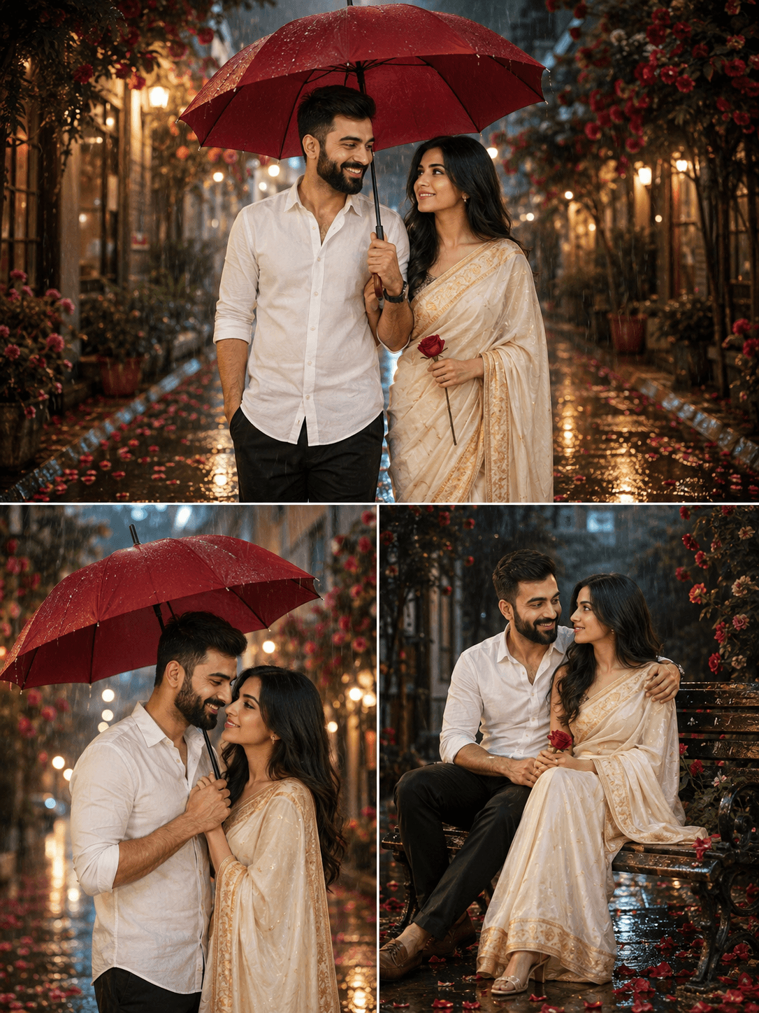 Cinematic Rainy Couple Collage Prompt – Exact Face Match Romantic 8K Photo Editing Prompt — AI prompt result