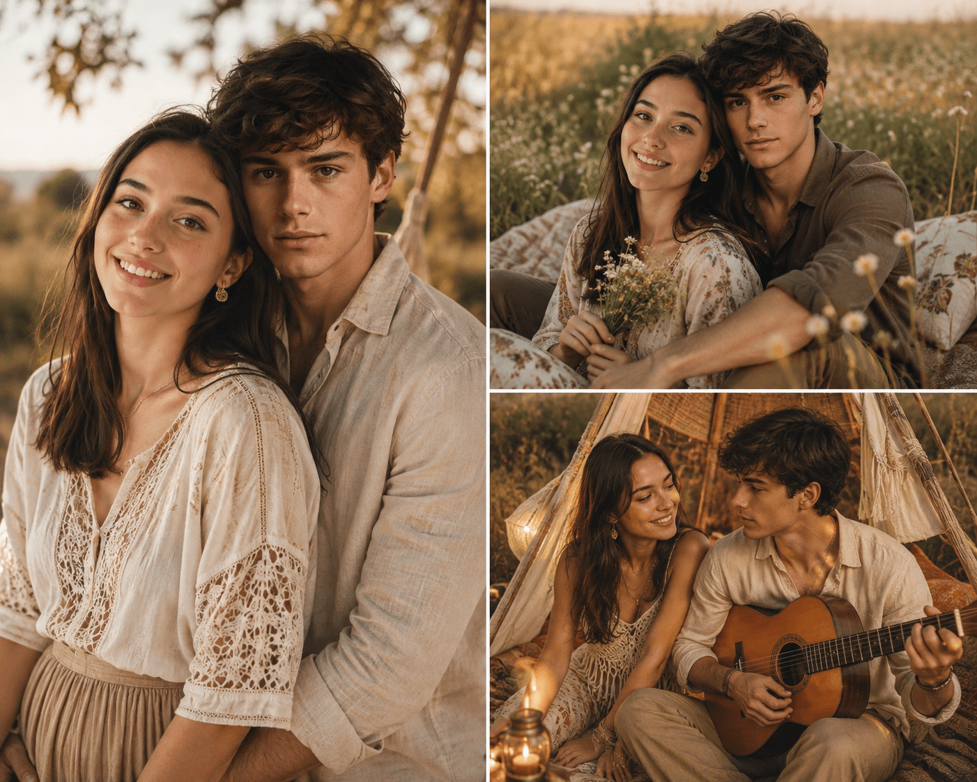 Boho Chic Couple Photoshoot Prompt | Romantic 3-Scene AI Photography — AI prompt result
