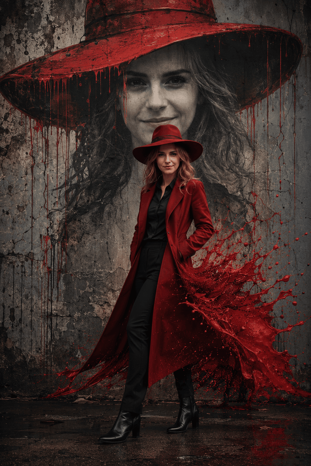 Cinematic Surreal Street Art Portrait AI Prompt | Red Paint Splash Wall Mural | Photorealistic 8K Character Consistency — AI prompt result