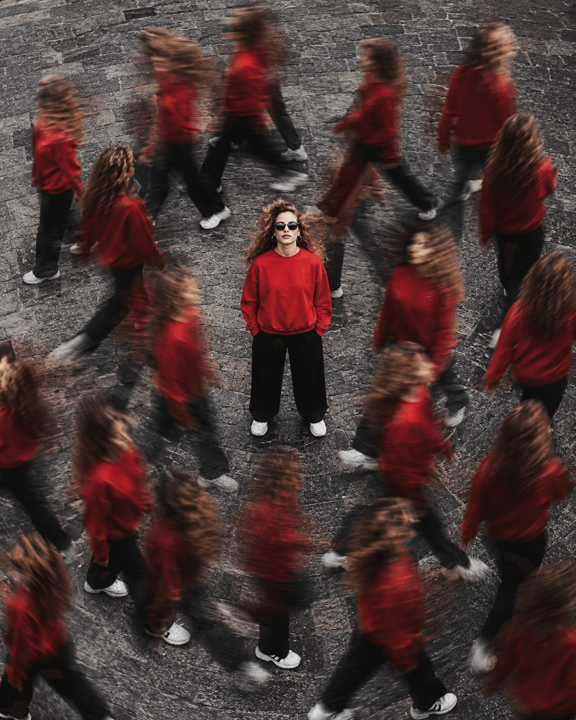 Conceptual Clone Motion Portrait Prompt | Cinematic Street Photography | High Angle Time-Lapse AI Photo Prompt — AI prompt result