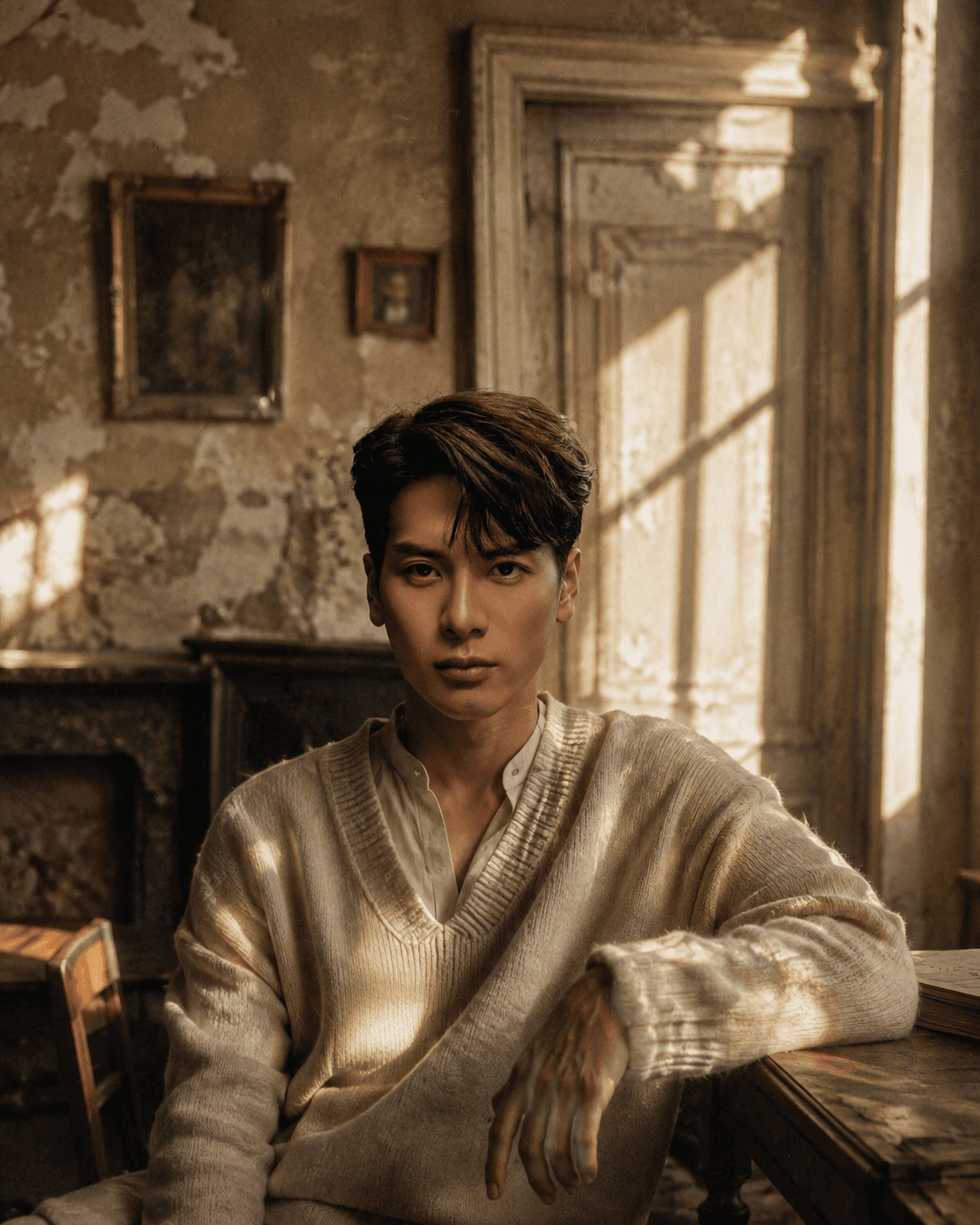 AI Vintage European Portrait Prompt | Cinematic Old Apartment Photography — AI prompt result