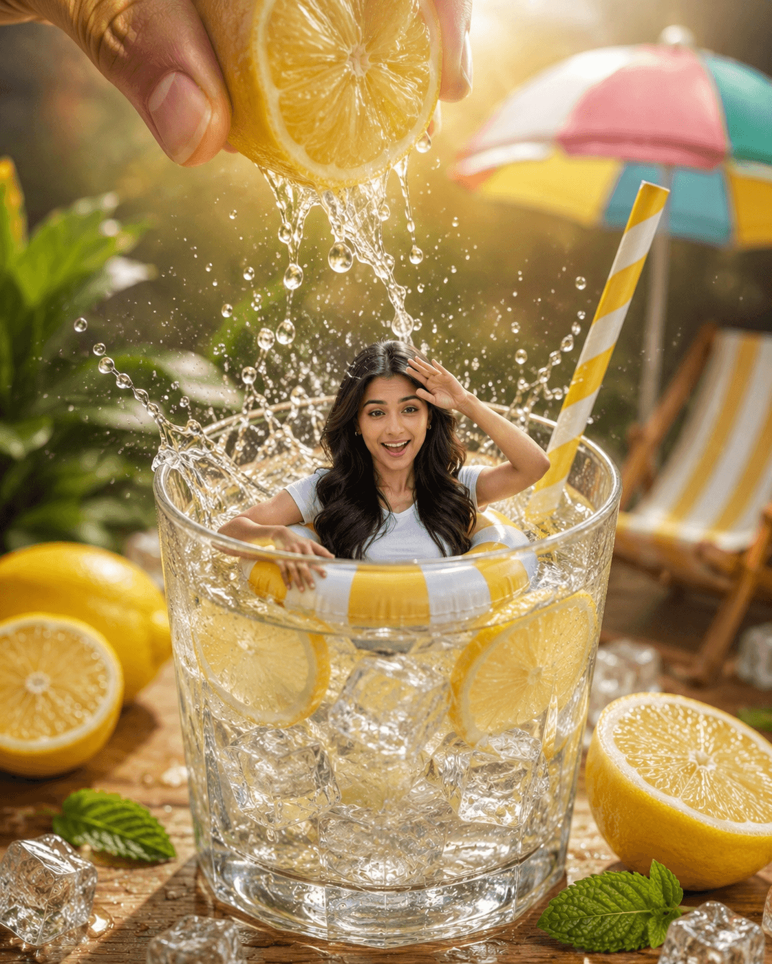 Miniature Person in Lemonade AI Prompt | Hyper Realistic Tiny Human Macro Photography | Identity Preservation | Flux, GPT Image, Midjourney Style — AI prompt result