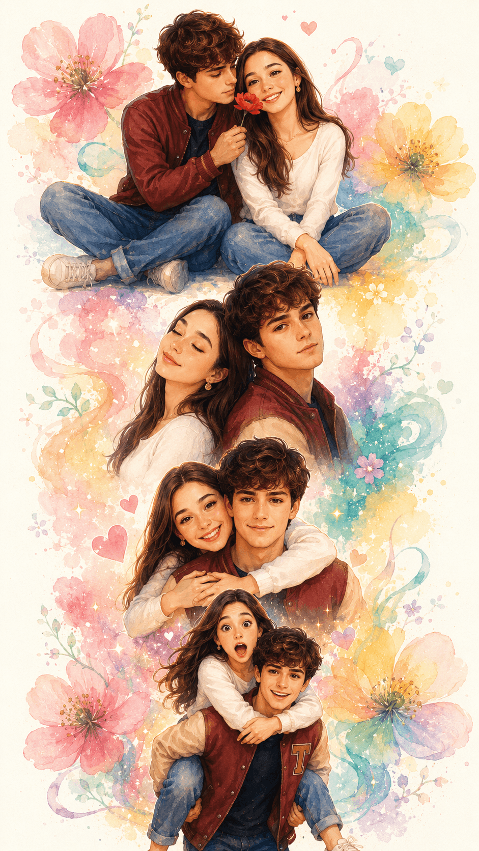 Romantic 3D Anime Couple Collage Prompt | Watercolor Wallpaper 9:16 | Cute Love Illustration Template — AI prompt result