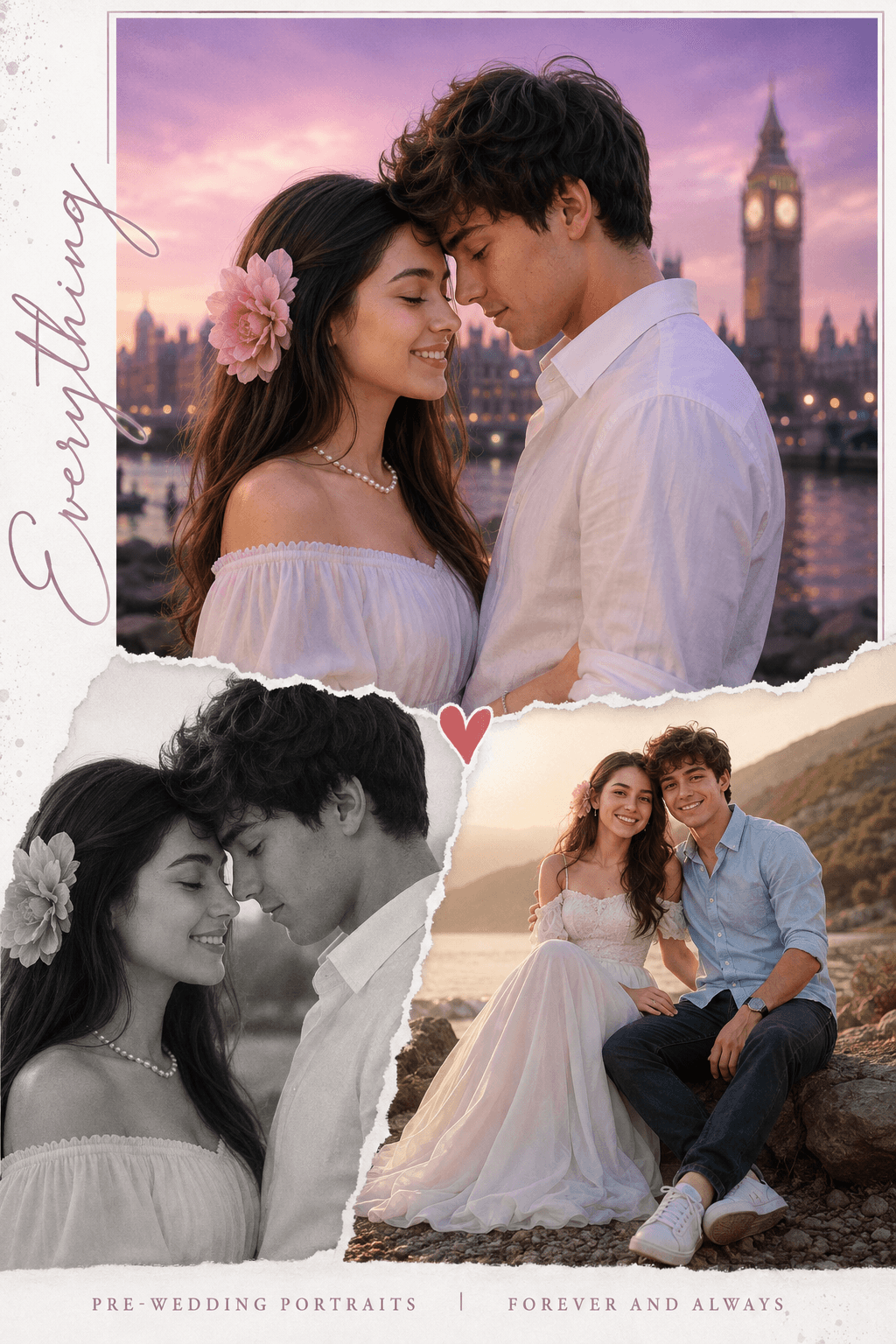 Romantic Pre-Wedding Portrait Prompt – Cinematic London Couple Collage with Dreamy Sunset Photography — AI prompt result
