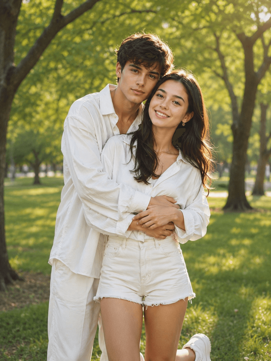 Ultra-Realistic Romantic Couple Portrait in a Green Park | Golden Hour Couple AI Prompt — AI prompt result