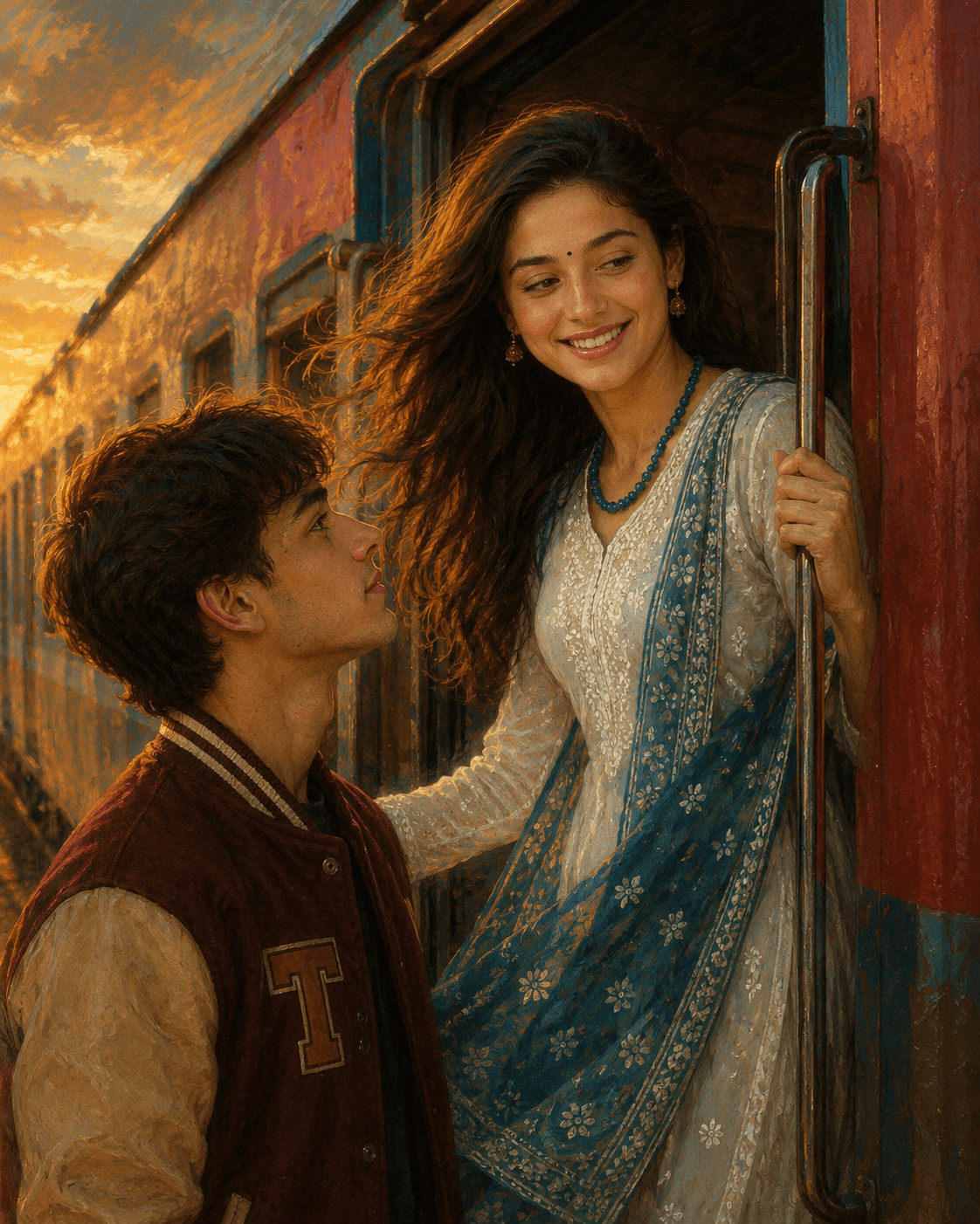 Romantic Train Couple AI Prompt | Cinematic Oil Painting — AI prompt preview 3 of 4