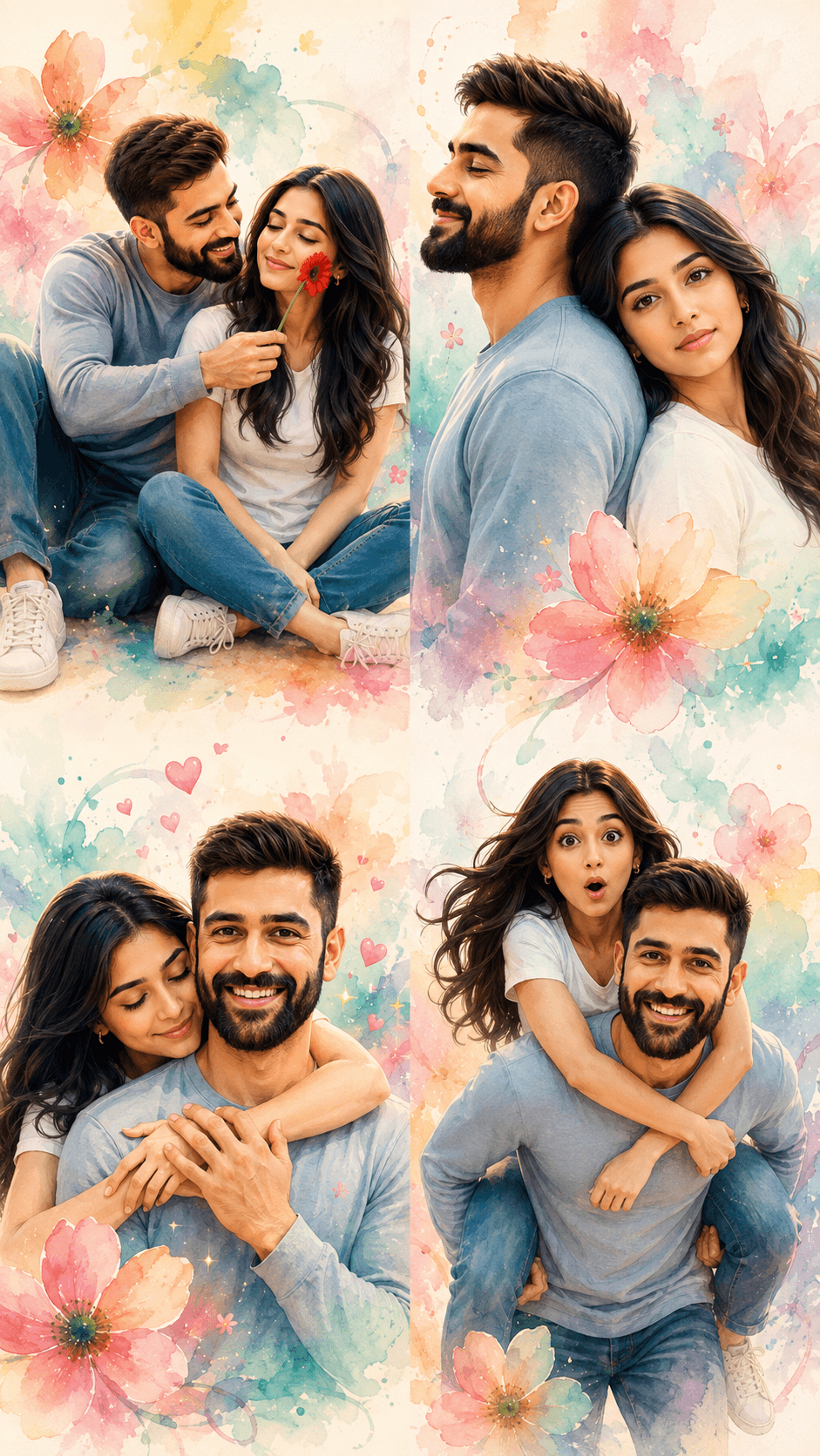4-Panel Romantic Couple Watercolor Collage AI Prompt | 3D Cartoon Illustration Wallpaper 9:16 — AI prompt result