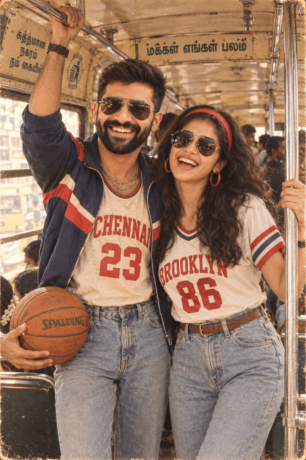 80s Retro Indian Couple AI Photo Prompt | Vintage Bus Romance | South Indian Cinema Style | 4:6 Portrait — AI prompt result