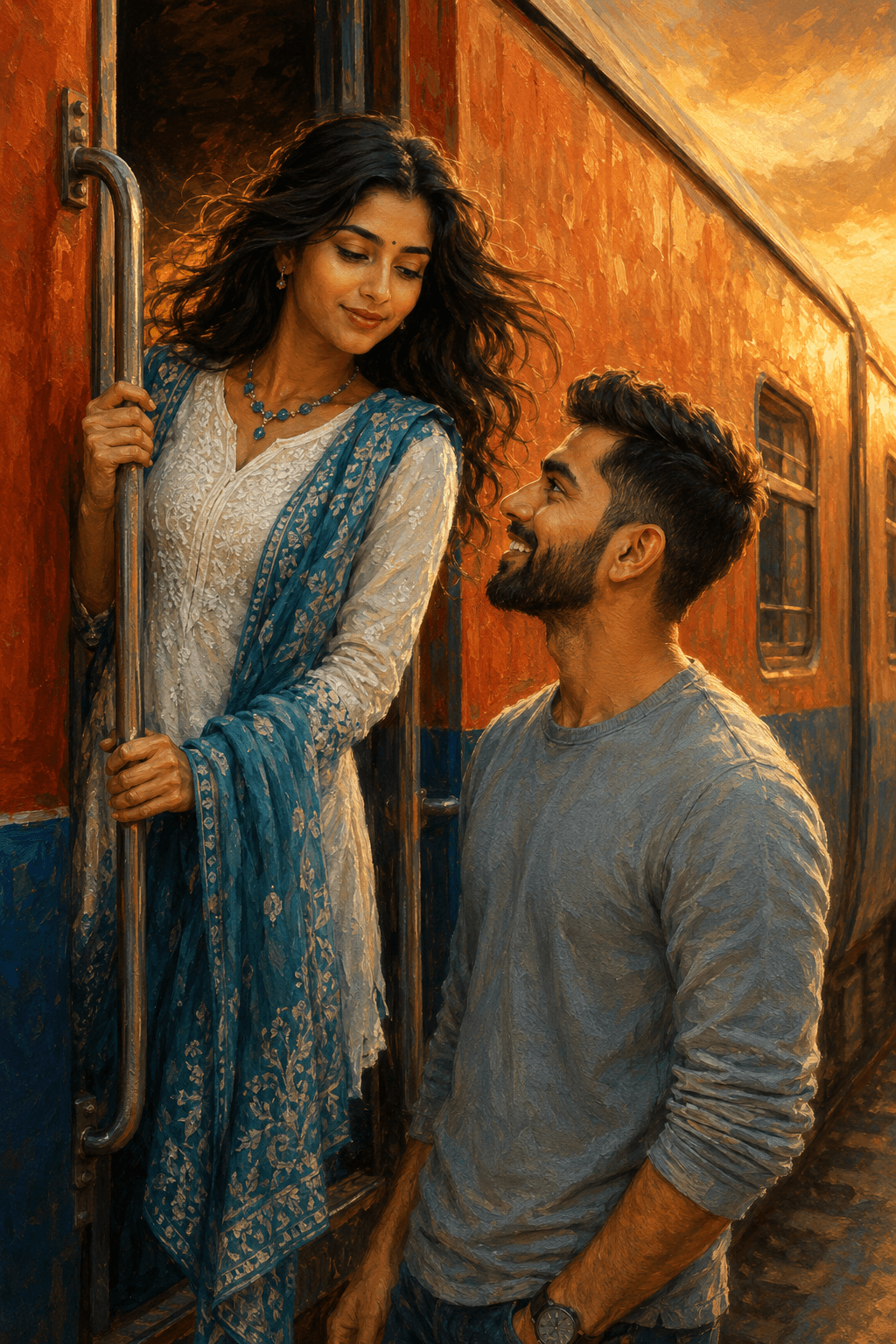 Romantic Train Couple AI Prompt | Cinematic Oil Painting — AI prompt preview 1 of 4
