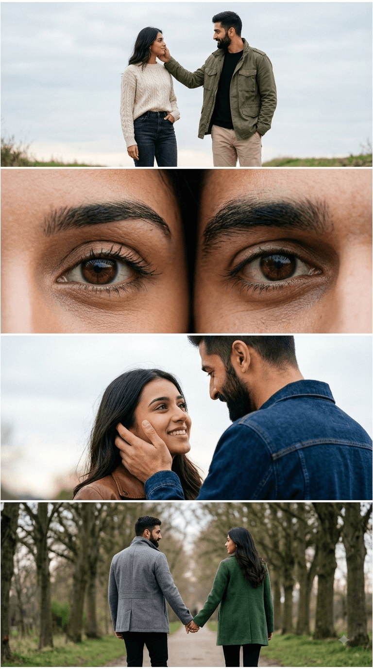 Cinematic 4-Panel Couple Storyboard AI Prompt | Midjourney & DALL-E 3 — AI prompt result