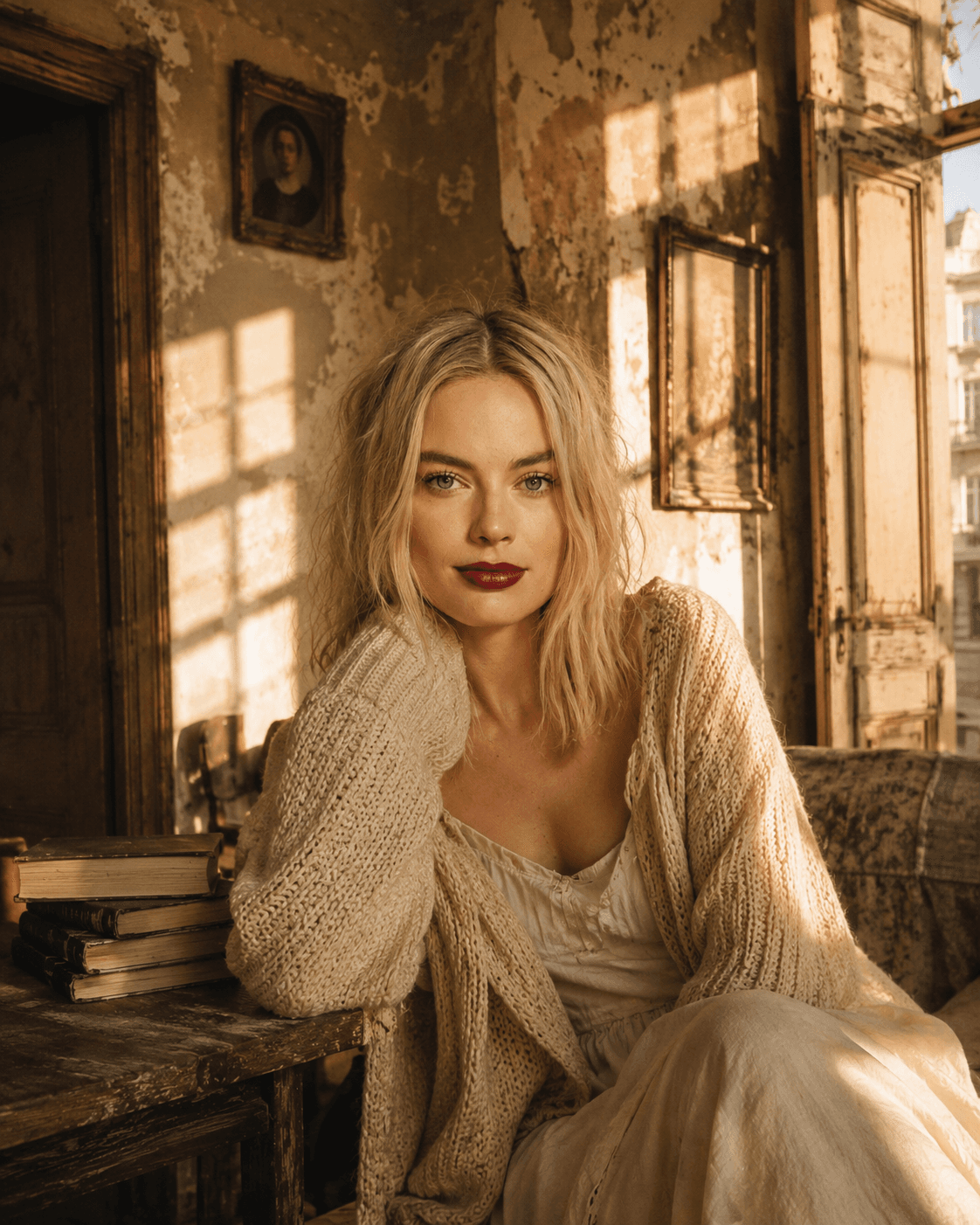 Cinematic Vintage Portrait AI Prompt | Old European Apartment, Golden Hour & Film Photography — AI prompt result