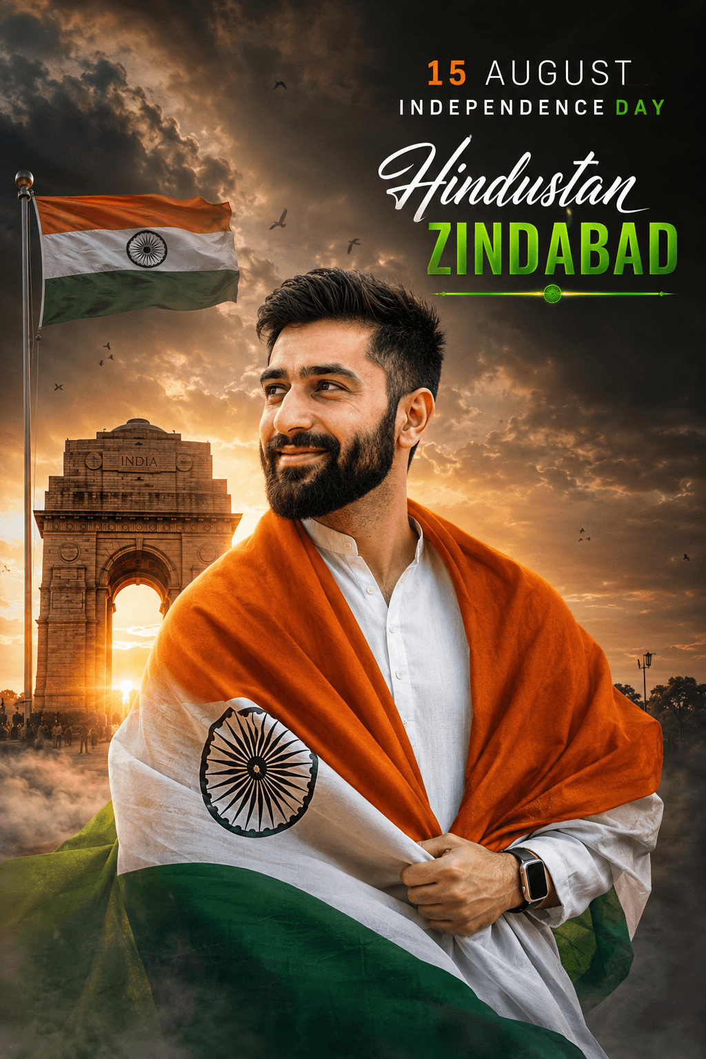 Create a premium Indian Independence Day poster with this cinematic AI image prompt. Featuring a proud Indian man in a white kurta wrapped in the Indian tricolour, iconic India Gate, dramatic golden-hour skies, realistic flag details, cinematic fog, birds, volumetric lighting, and patriotic typography. Perfect for 15 August social media posts, Instagram posters, Republic & Independence Day creatives, digital marketing, and premium AI-generated patriotic artwork. — AI prompt result