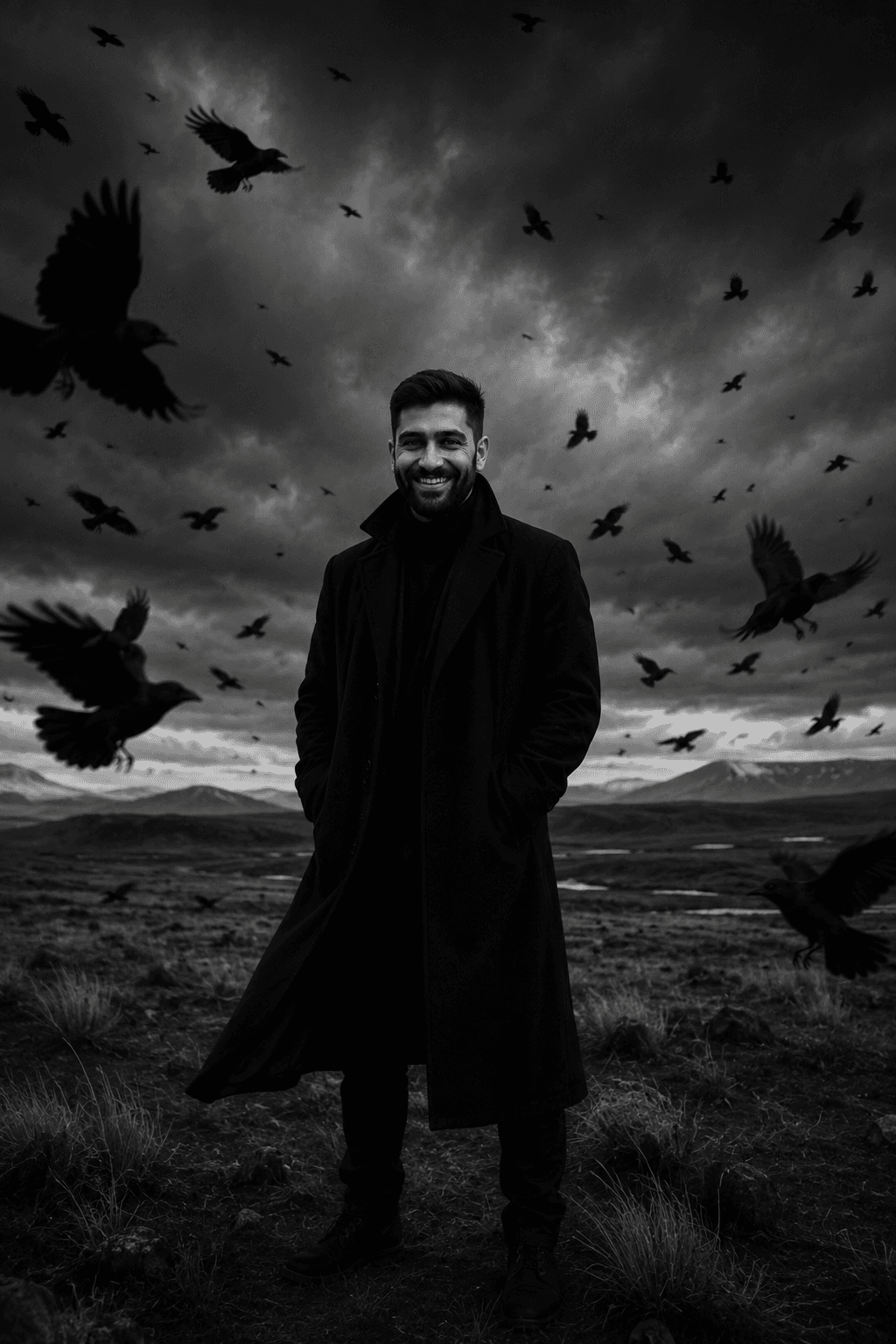 Dark Gothic Raven Portrait AI Prompt – Cinematic Black & White Fantasy Photography — AI prompt result
