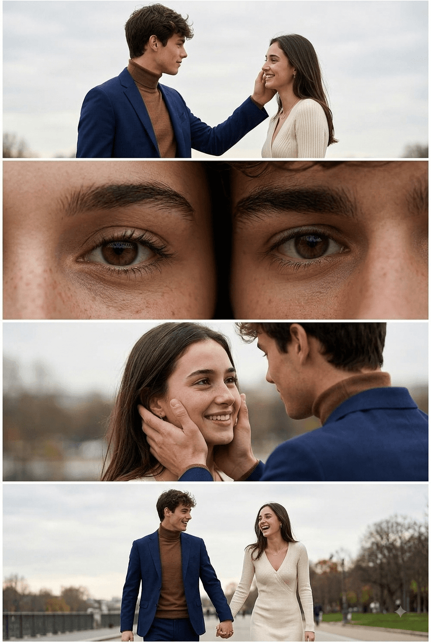 Realistic Couple Photo Collage Prompt – 4-Panel Romantic Storyboard Generator — AI prompt result