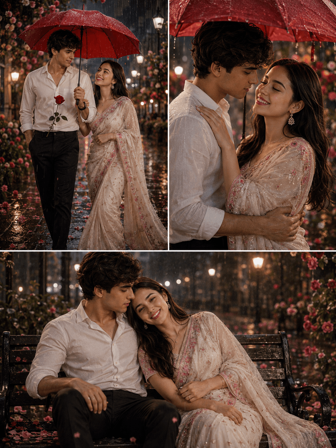 Exact Face Match Rainy Couple Collage Prompt | Cinematic Romantic AI Photo Prompt in 8K — AI prompt result