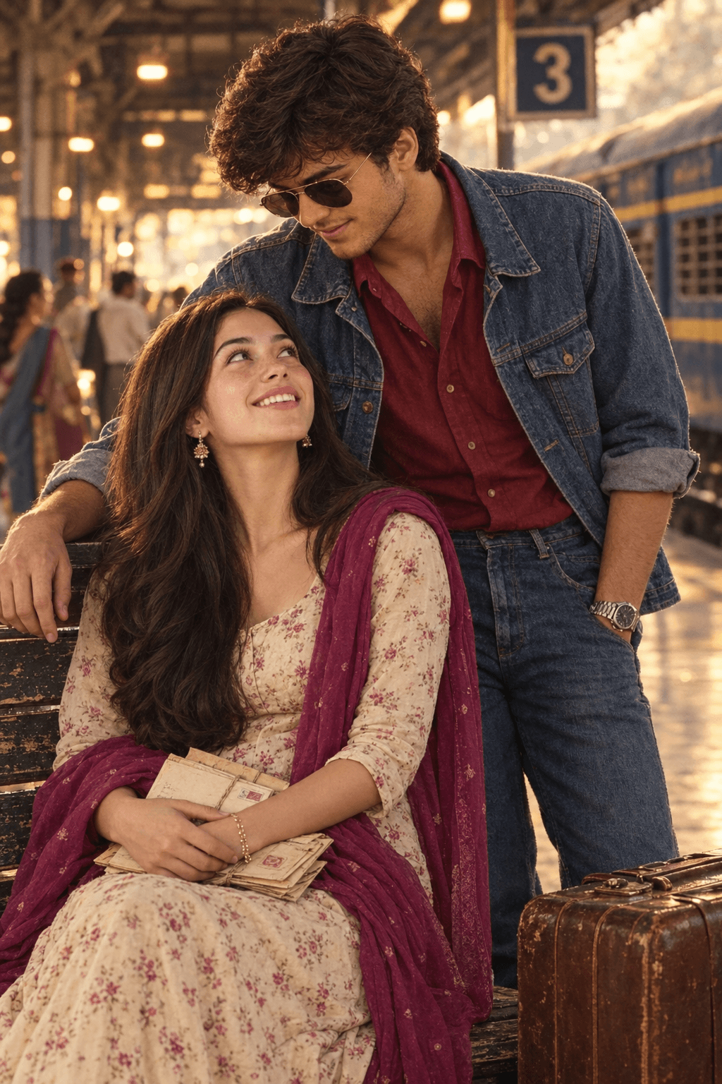 80s Retro Indian Couple AI Prompt | Vintage Bus Photo — AI prompt preview 1 of 4