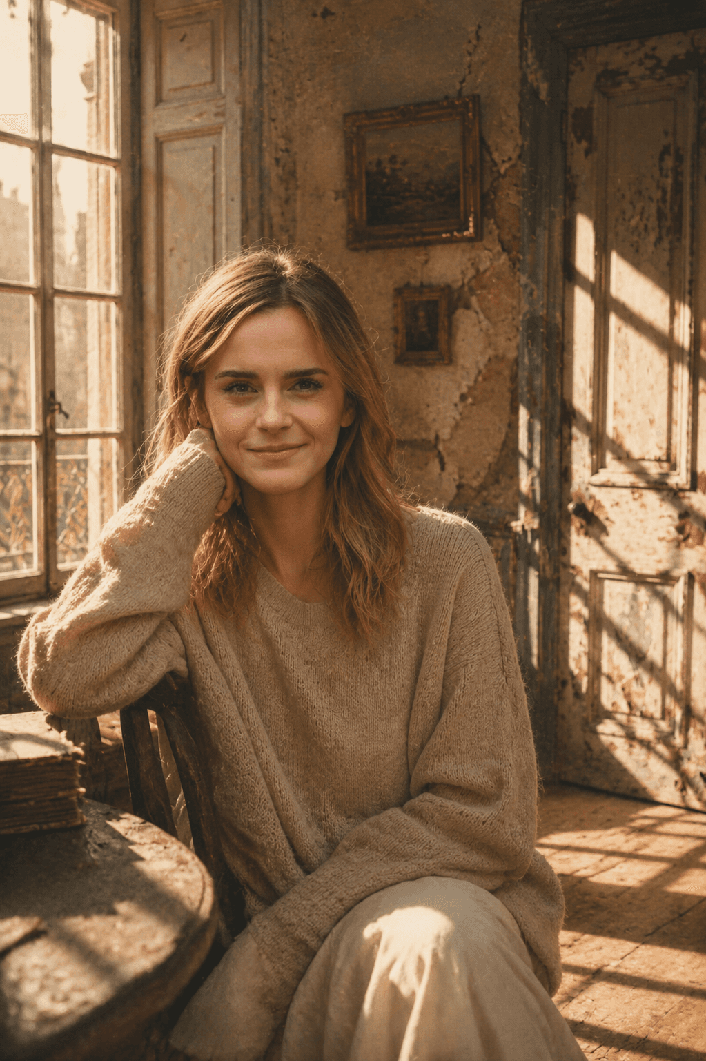 Cinematic Vintage Portrait AI Prompt | Old European Apartment, Golden Hour & Kodak Portra 400 — AI prompt result