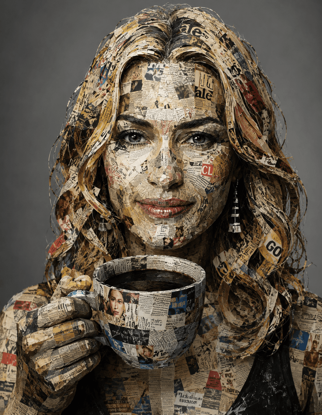 Hyper-Realistic Newspaper Collage Portrait Prompt | AI Paper Art Coffee Portrait Generator — AI prompt result