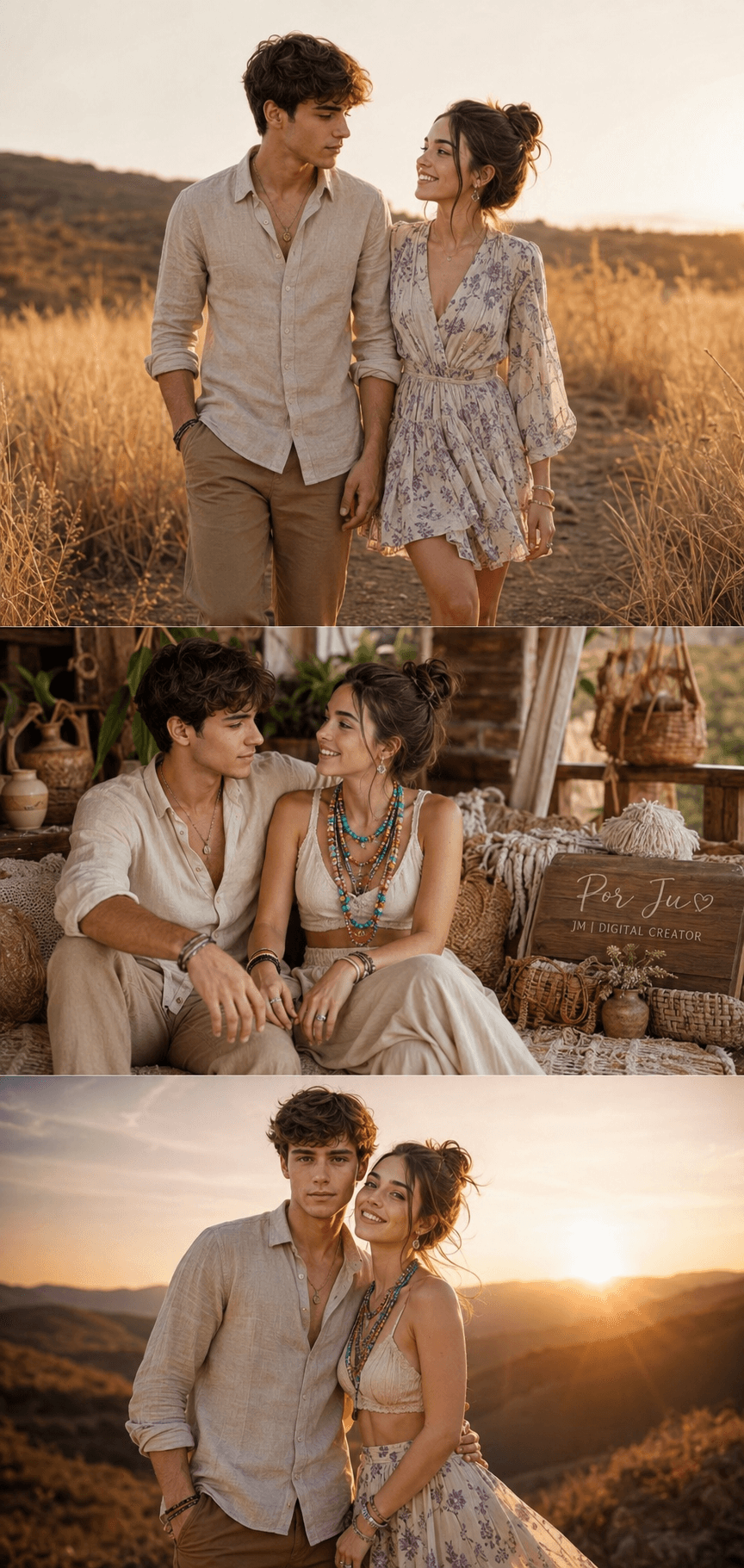 Boho Chic Couple Photoshoot Prompt | 3-Scene Romantic Editorial AI Photography — AI prompt result