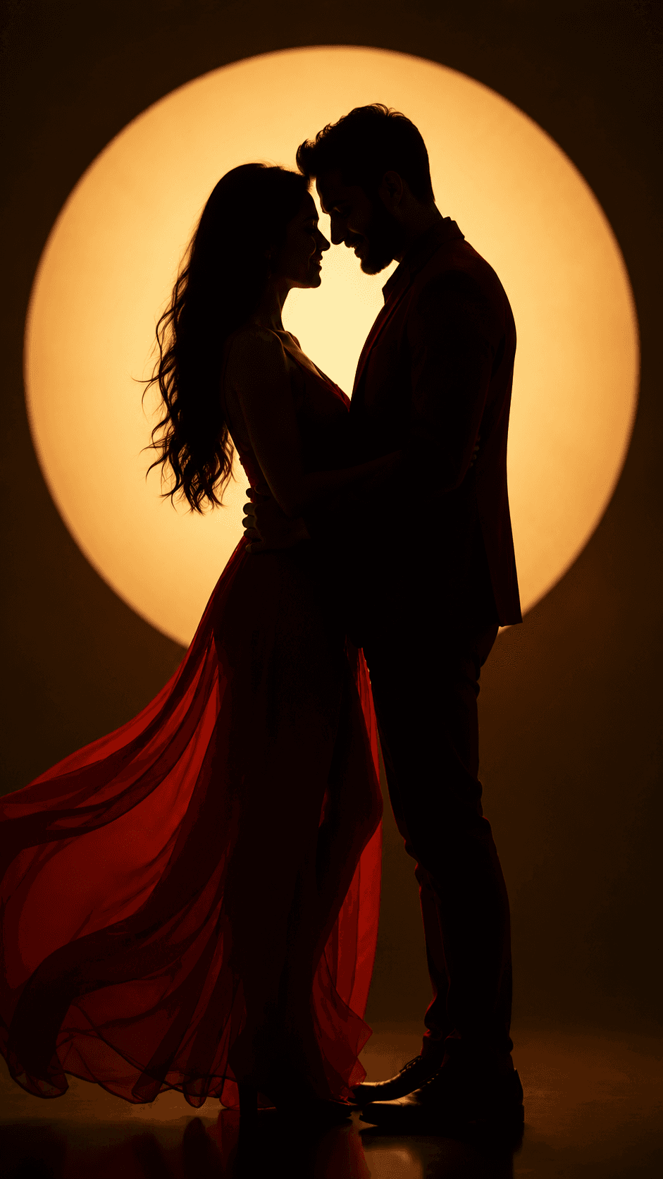 Romantic Couple Silhouette AI Art Prompt | Cinematic Golden Light & Red Dress — AI prompt result