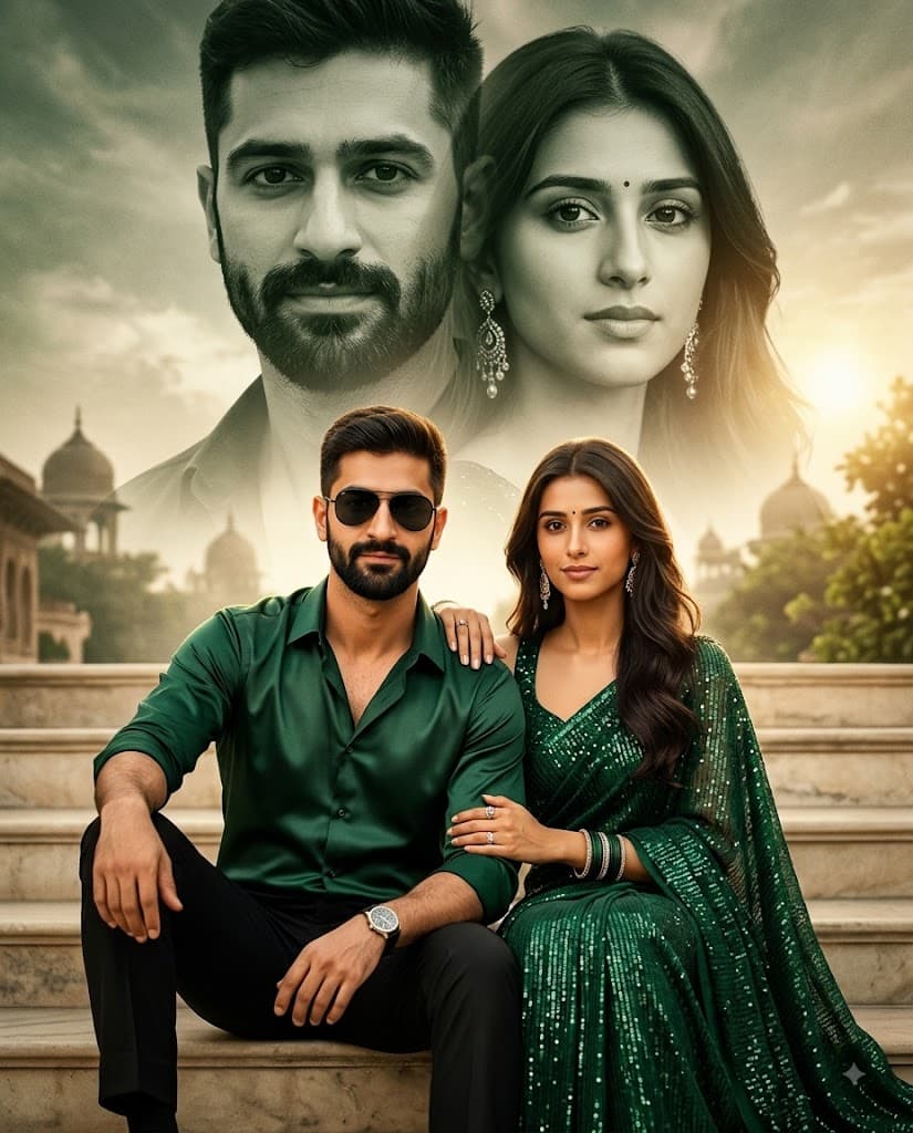 Ultra-Realistic Indian Couple Movie Poster AI Prompt – Emerald & Gold Aesthetic — AI prompt result