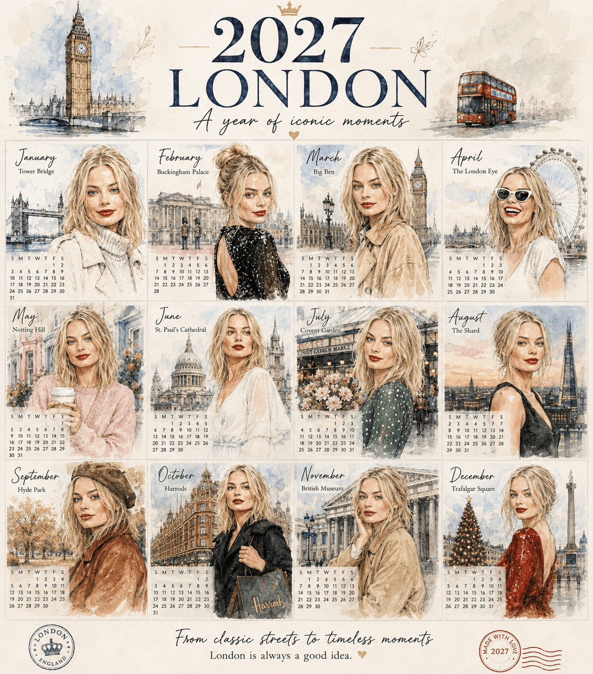 2027 London Travel Calendar AI Prompt | Watercolor Ink Sketch Style | 12 Tourist Locations | Photo Reference Face Consistency — AI prompt result
