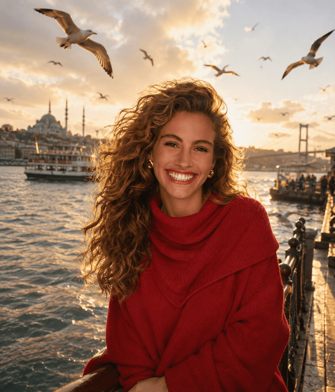 Ultra-Realistic Bosphorus Waterfront Portrait Prompt | Cinematic Sunset Travel Photo with Seagulls — AI prompt result