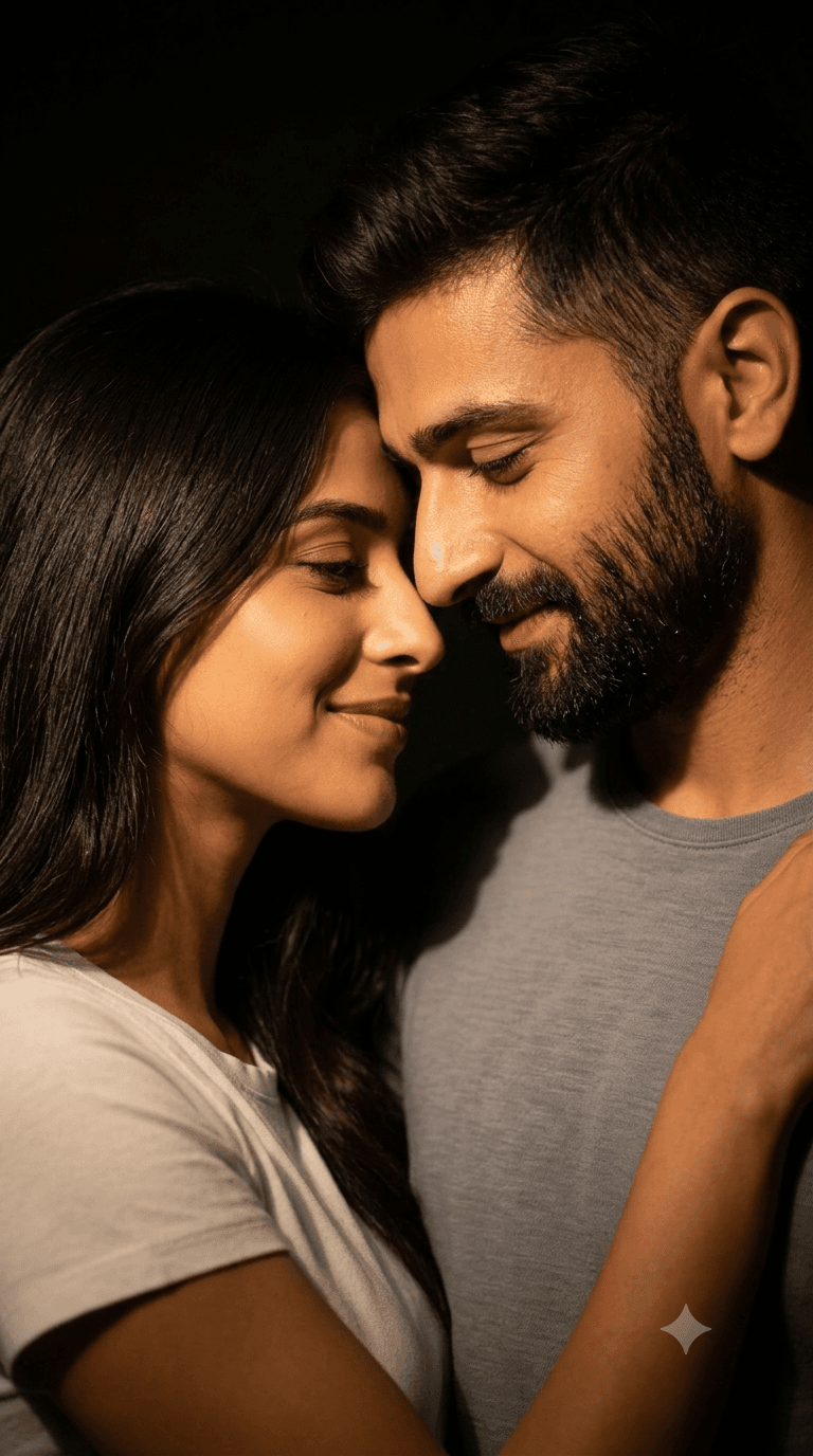 Cinematic Romantic Couple AI Prompt | Warm Spotlight Portrait | Photorealistic AI Photo — AI prompt result