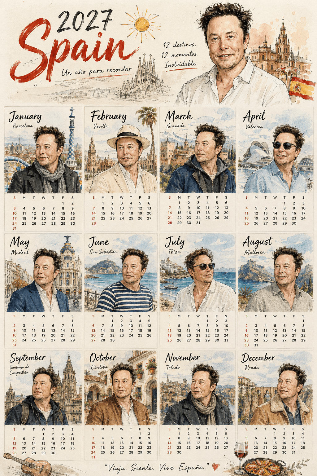 2027 Spain Travel Calendar AI Prompt | Watercolor & Ink Sketch Poster | Face Reference Consistent Character | 12 Spanish Tourist Locations | ChatGPT & DALL·E Prompt — AI prompt result