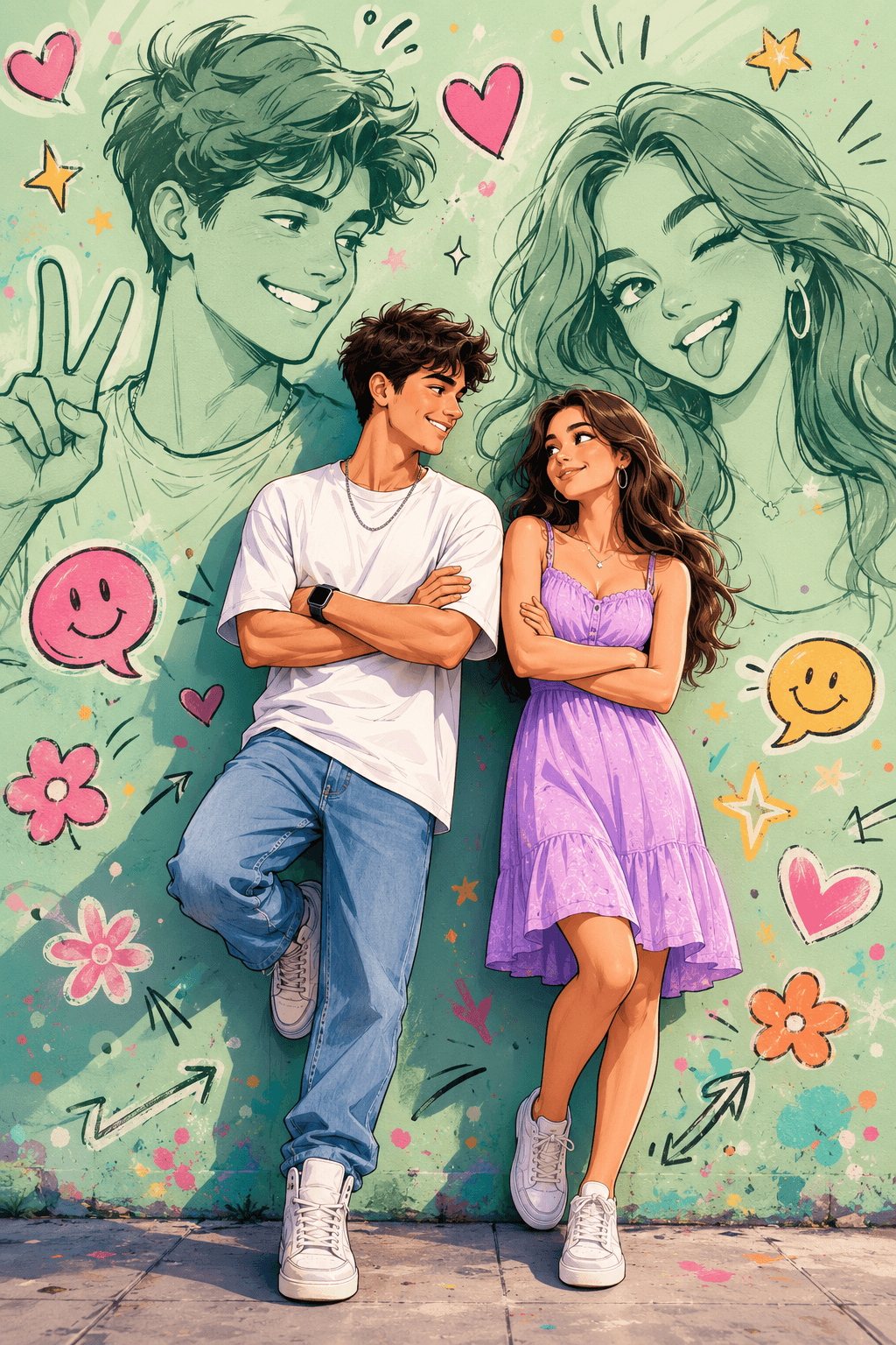 Romantic Cartoon Couple Wall Art | Vibrant Pastel Digital Illustration in 8K — AI prompt result