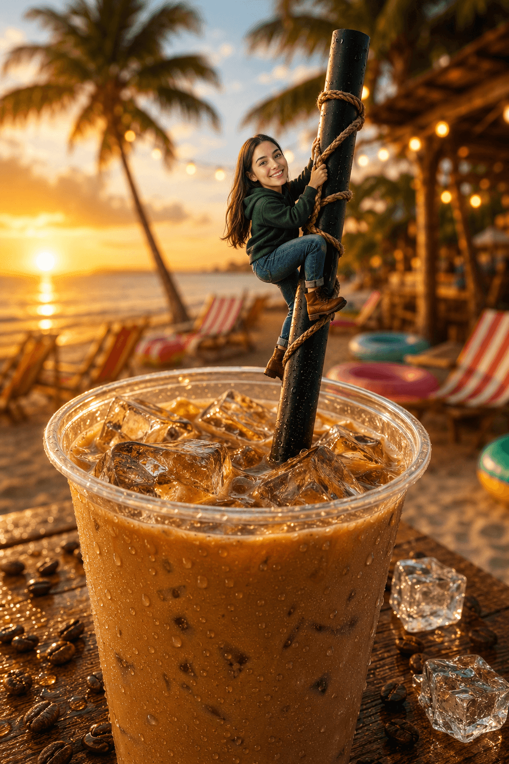 Miniature Woman Climbing Giant Iced Coffee Prompt | Hyper Realistic Pixar Style Macro Photography AI Image Prompt | FLUX, Midjourney, ChatGPT, SDXL — AI prompt result
